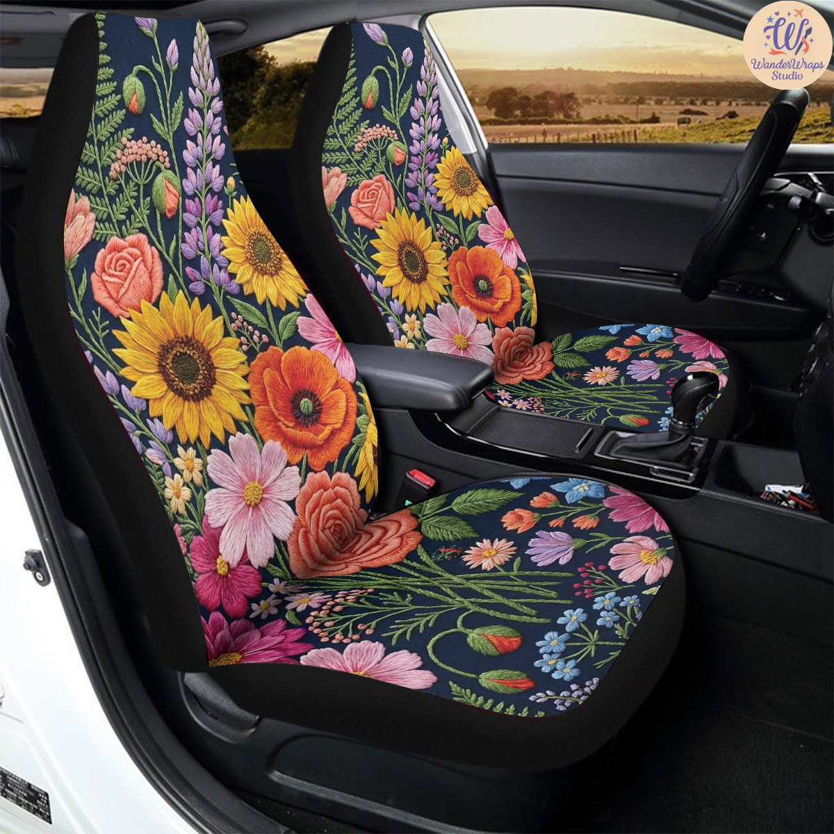 Midnight Wildflower Embroidery Car Seat Covers – High Quality Graphic and Polar Fleece Protector Set