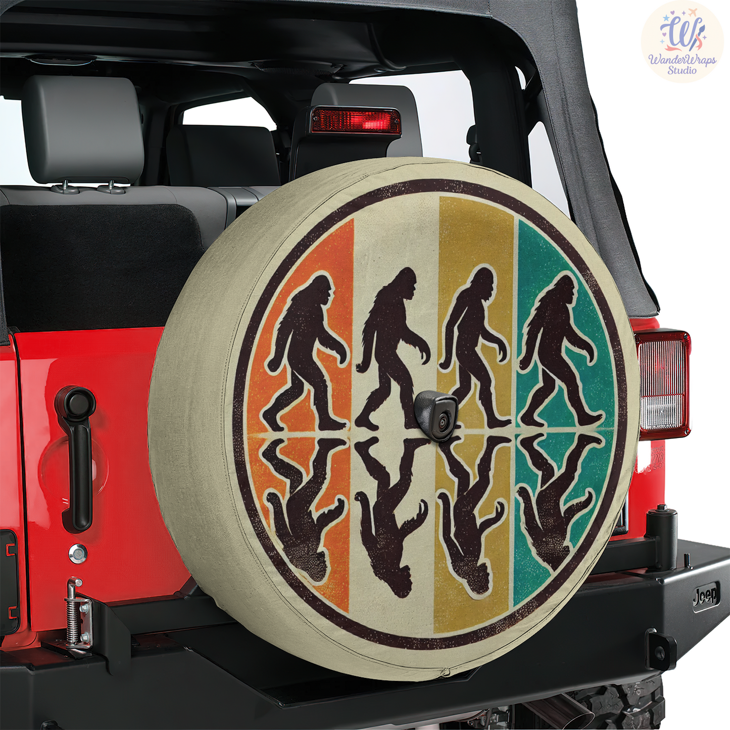 Four Bigfoot Silhouettes Spare Tire Cover – Waterproof UV Resistant Protector with Camera Hole