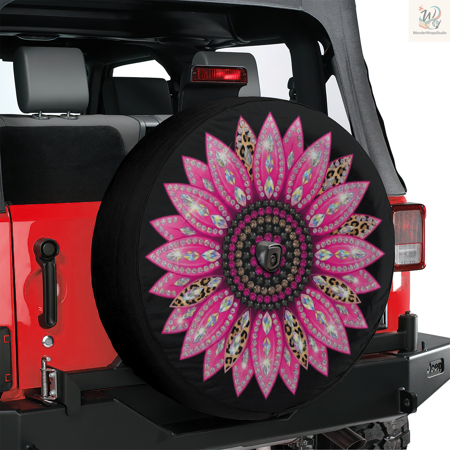 Sunflower Rhinestones Spare Tire Cover – Waterproof UV Resistant Protector with Camera Hole