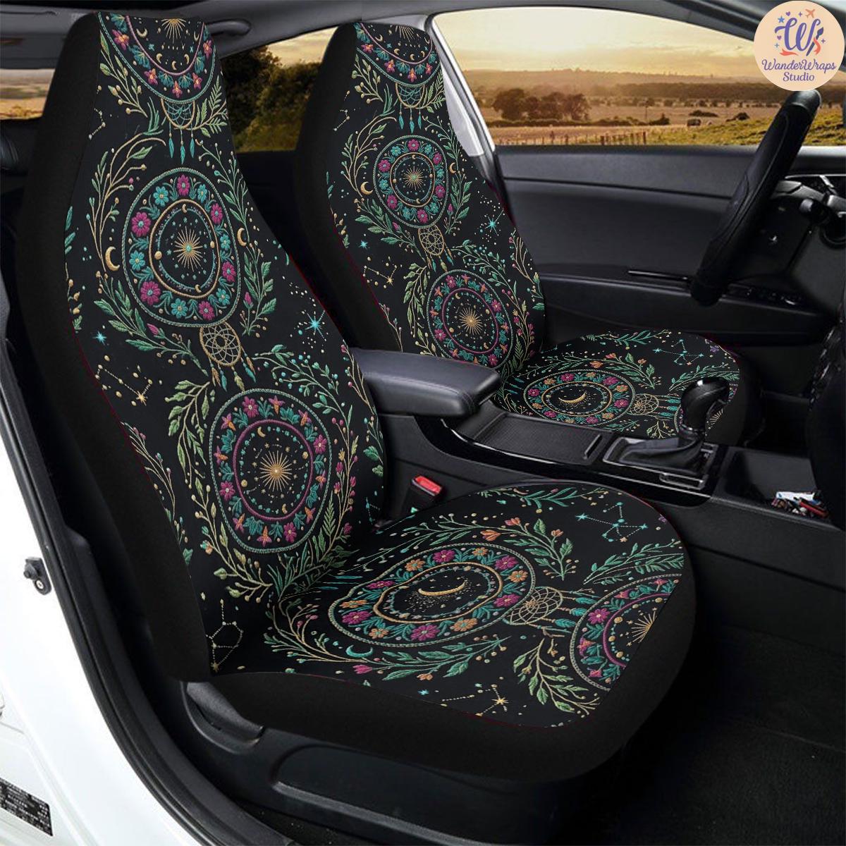 Celestial Floral Mandala Faux Embroidery Car Seat Covers – High Quality Graphic and Polar Fleece Protector Set