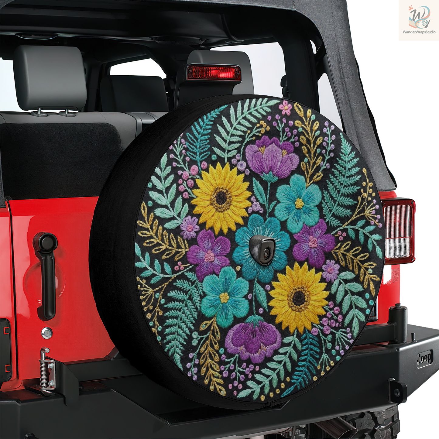 Embroidery Texture Floral Spare Tire Cover – Waterproof UV Resistant Protector with Camera Hole