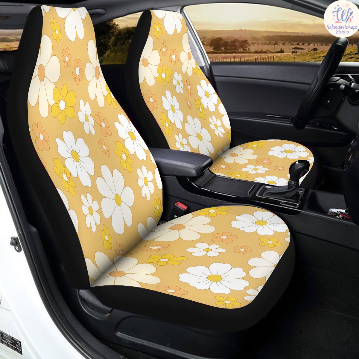 Golden Retro Bloom Car Seat Covers – High Quality Graphic and Polar Fleece Protector Set
