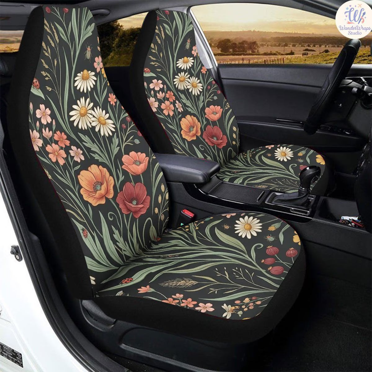 Midnight Wildflower Garden Car Seat Covers – High Quality Graphic and Polar Fleece Protector Set