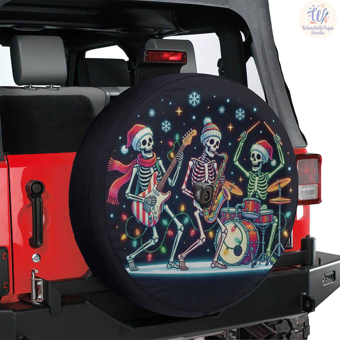 Skeleton Christmas Band Spare Tire Cover – Waterproof UV Resistant Protector with Camera Hole