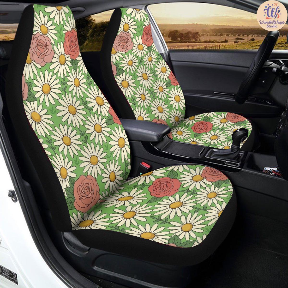 Retro Daisy Rose Garden Car Seat Covers – High Quality Graphic and Polar Fleece Protector Set