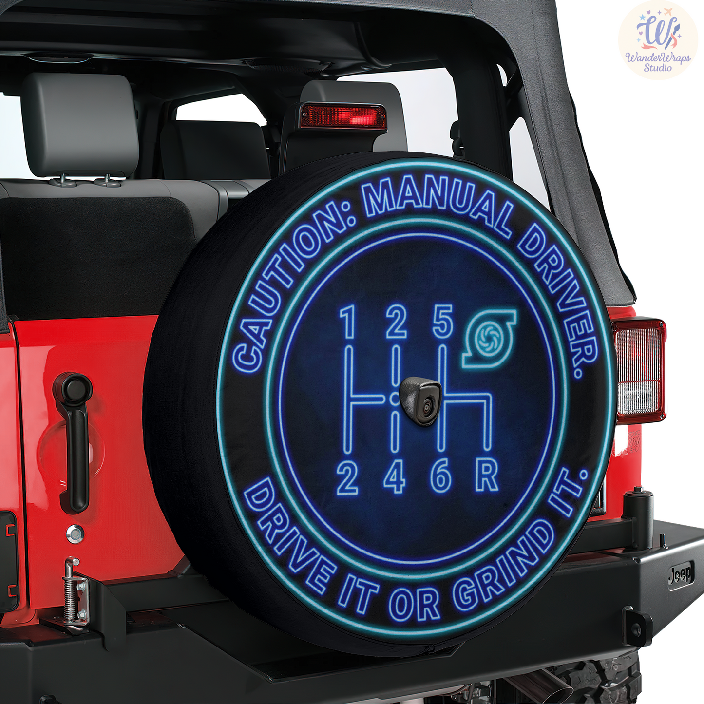 Caution Manual Driver Spare Tire Cover – Waterproof UV Resistant Protector with Camera Hole