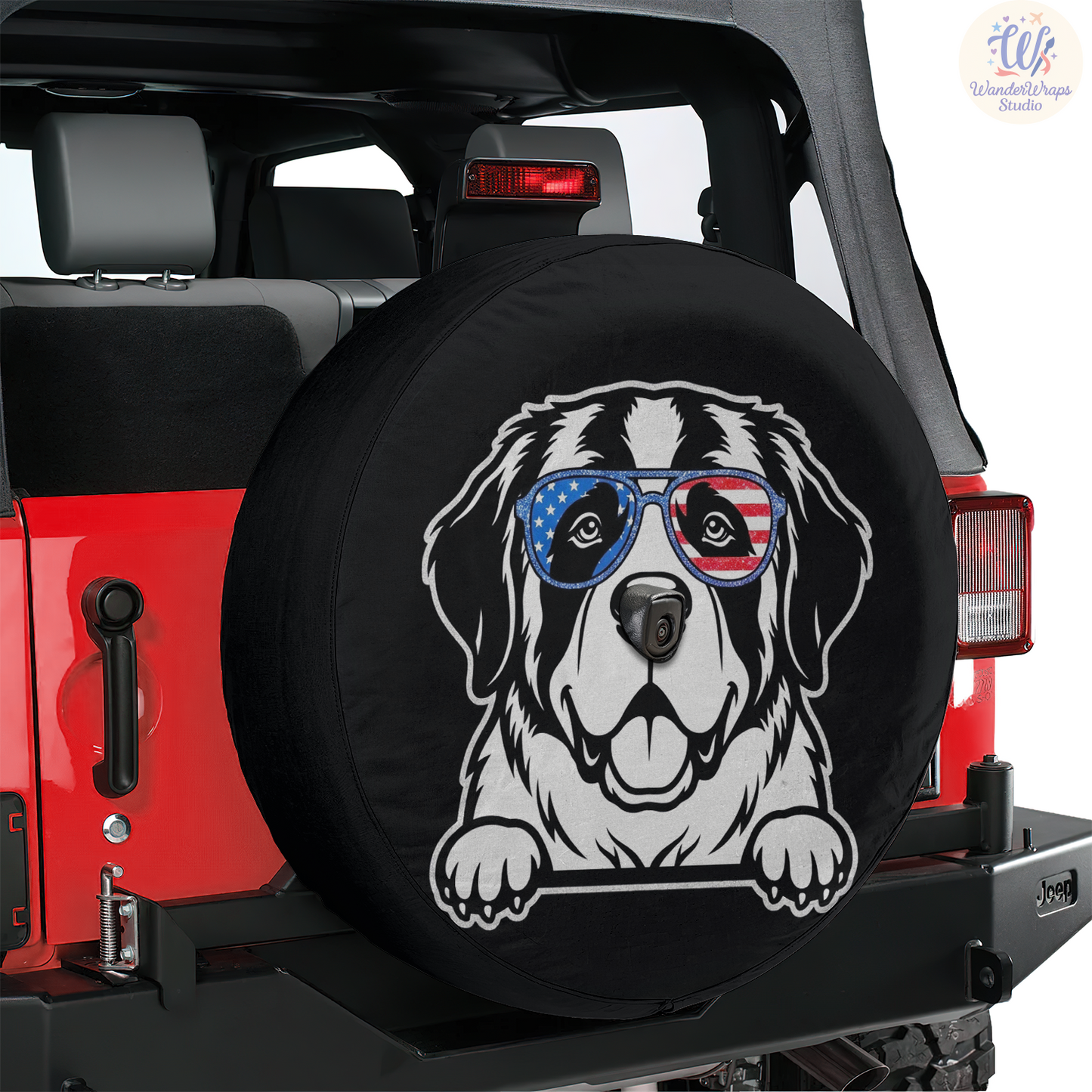 St. Bernard Patriotic Sunglasses Spare Tire Cover – Waterproof UV Resistant Protector with Camera Hole