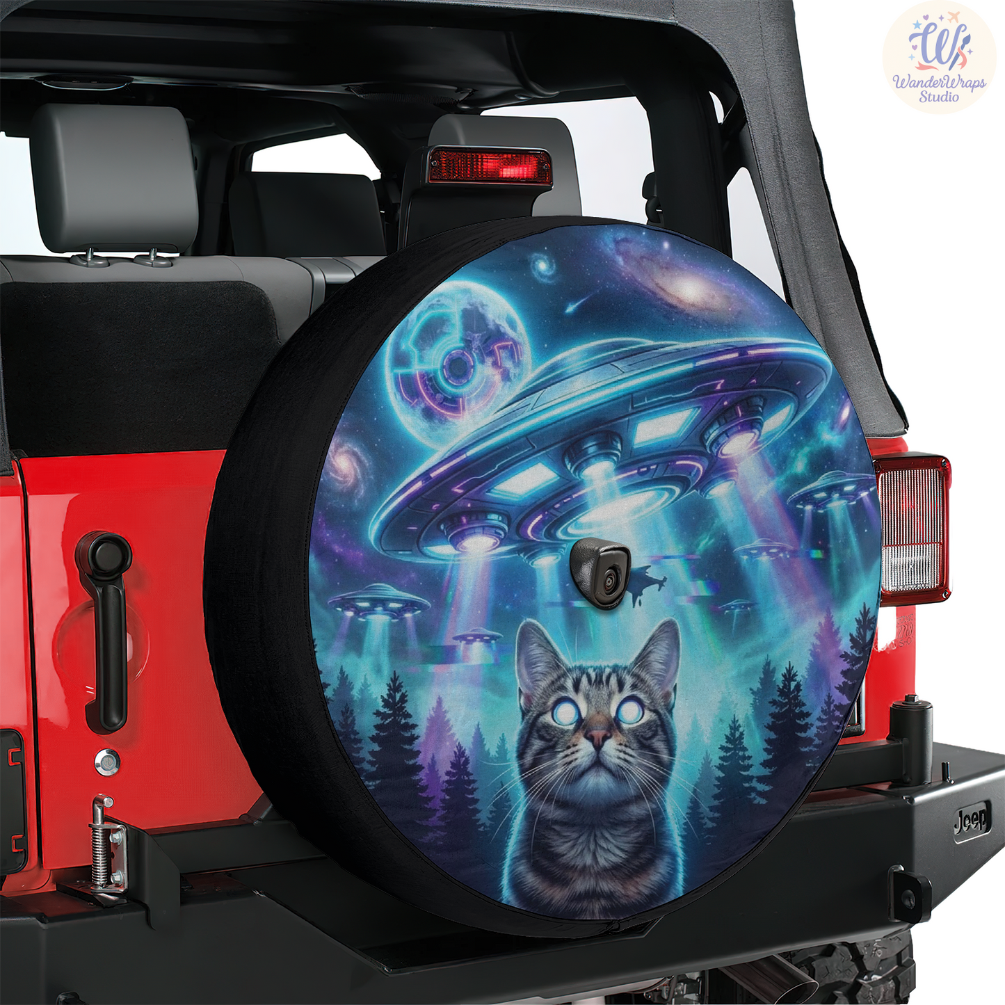 Cat UFOs Spare Tire Cover – Waterproof UV Resistant Protector with Camera Hole