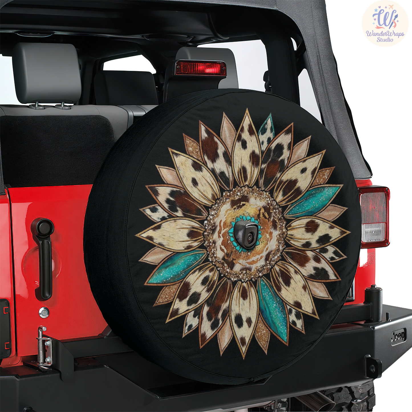 Cowhide Pattern Sunflower Spare Tire Cover – Waterproof UV Resistant Protector with Camera Hole