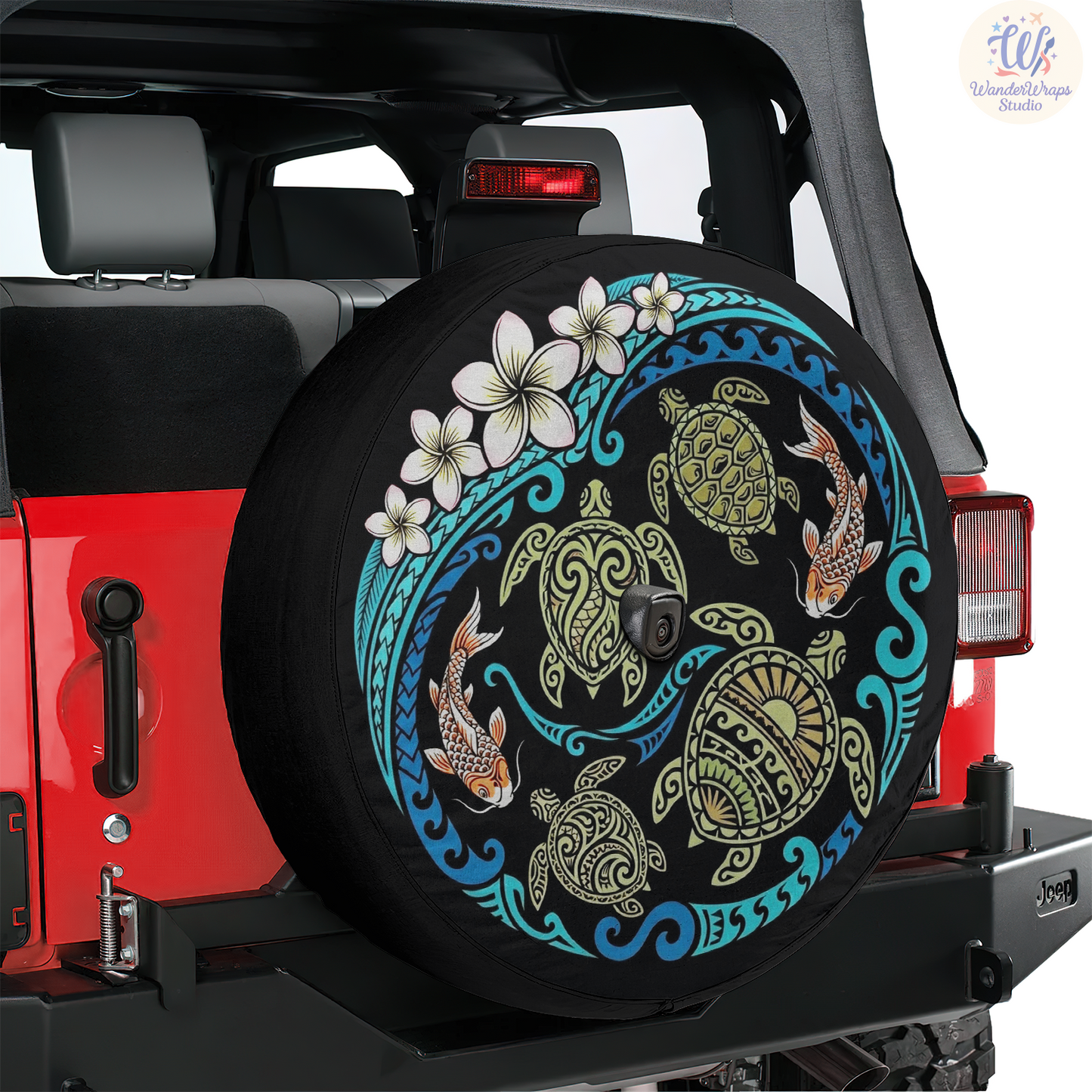 Ocean Scene with Turtles, Koi & Plumeria Spare Tire Cover – Waterproof UV Resistant Protector with Camera Hole