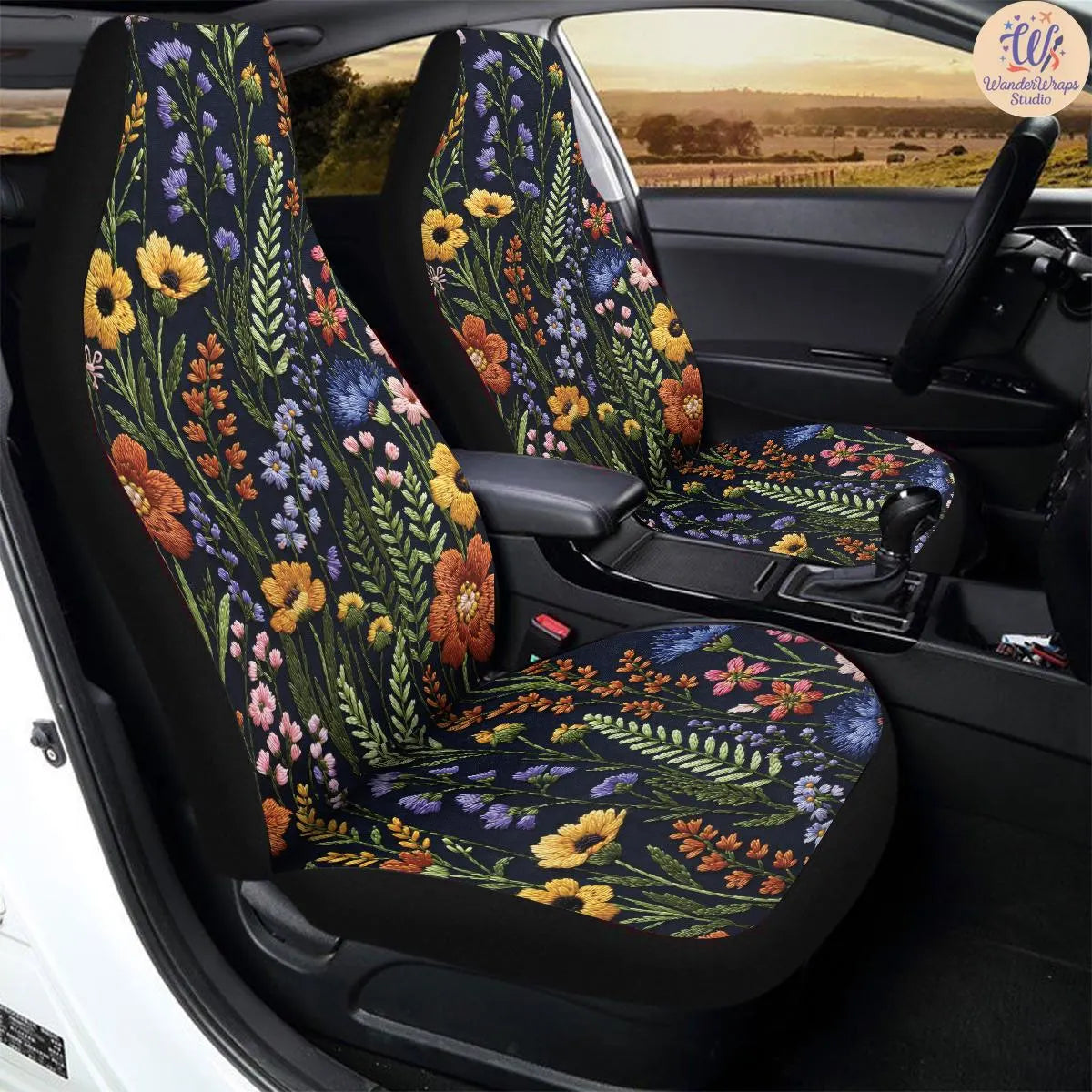 Midnight Meadow Faux Embroidery Car Seat Covers – High Quality Graphic and Polar Fleece Protector Set