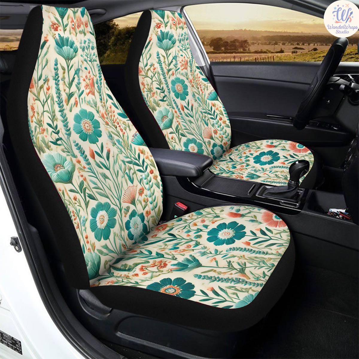 Turquoise Flower Meadow Car Seat Covers – High Quality Graphic and Polar Fleece Protector Set