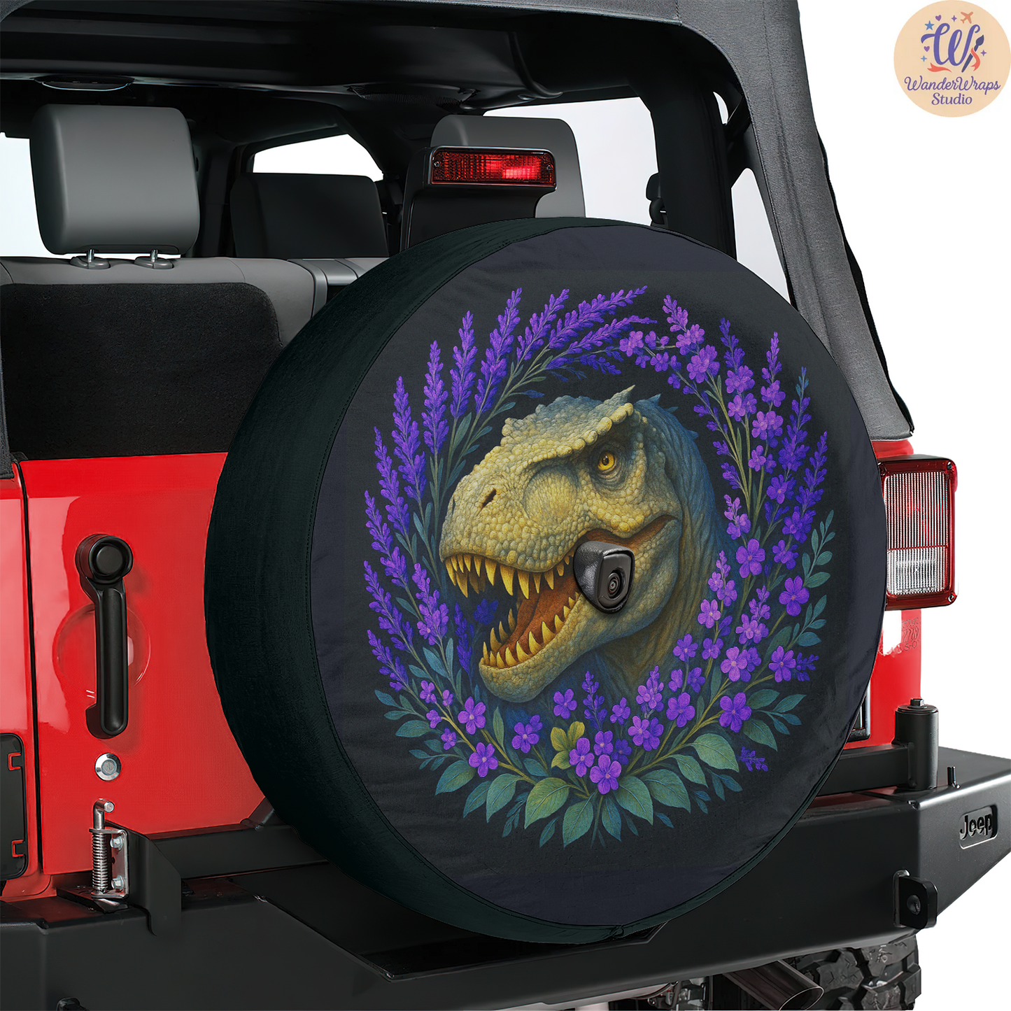 Dinosaur Lavender Spare Tire Cover – Waterproof UV Resistant Protector with Camera Hole