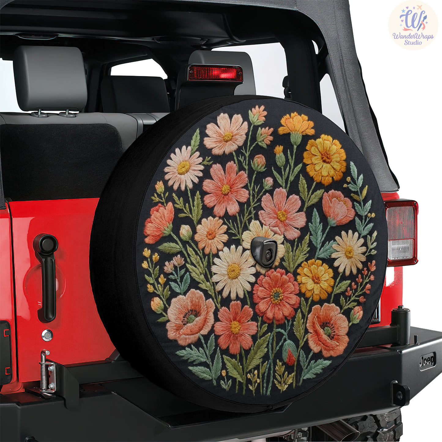 Embroidered Wildflower Spare Tire Cover – Waterproof UV Resistant Protector with Camera Hole
