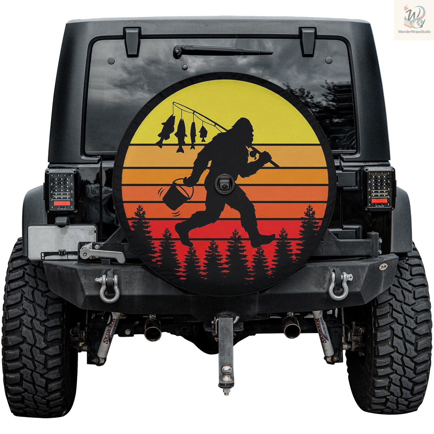 Big Foot Running With Fish Spare Tire Cover – Waterproof UV Resistant Protector with Camera Hole
