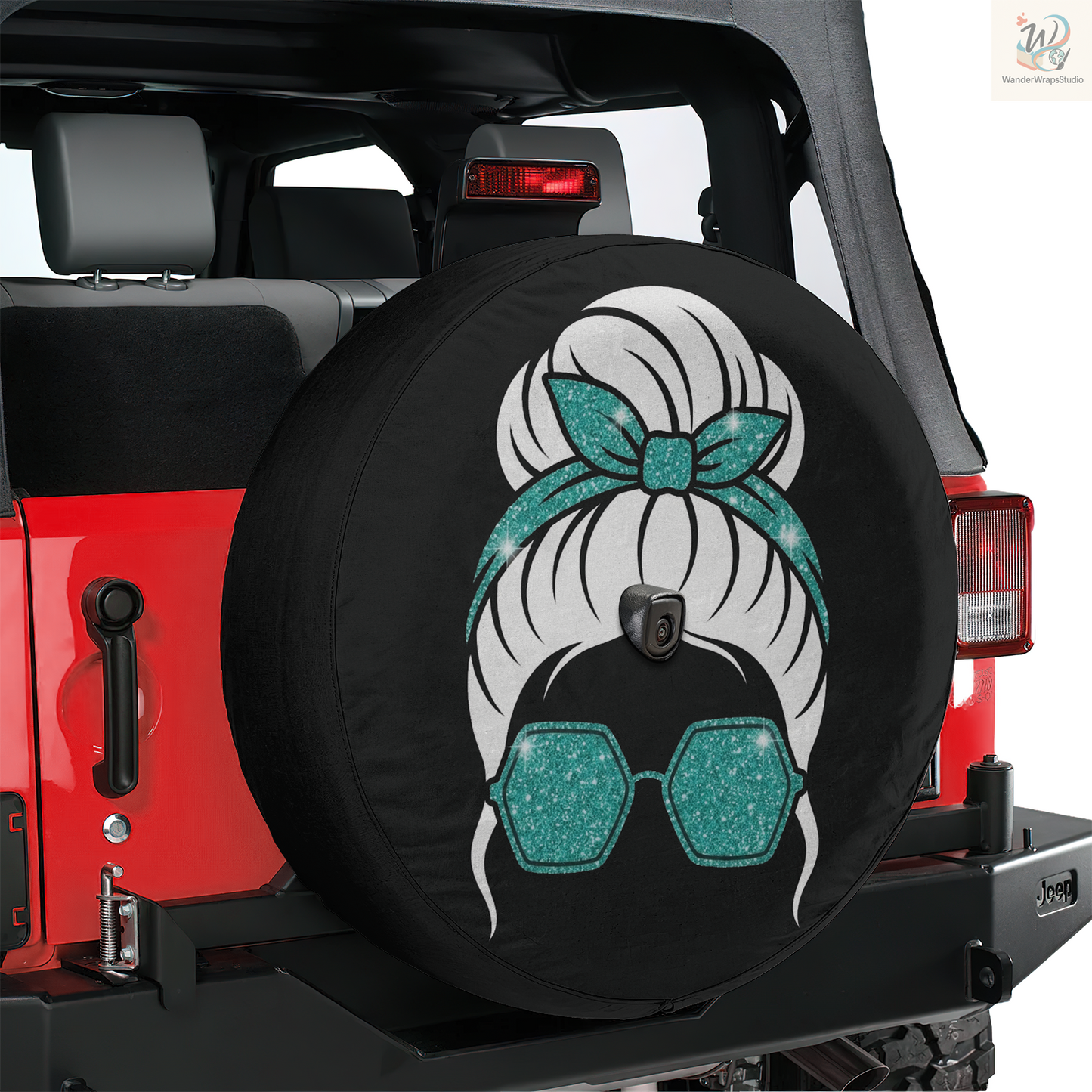 Glitter Teal Messy Bun Spare Tire Cover – Waterproof UV Resistant Protector with Camera Hole