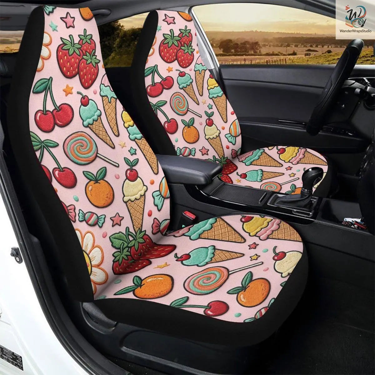 Retro Fruit & Sweet Treats Car Seat Covers – High Quality Graphic and Polar Fleece Protector Set