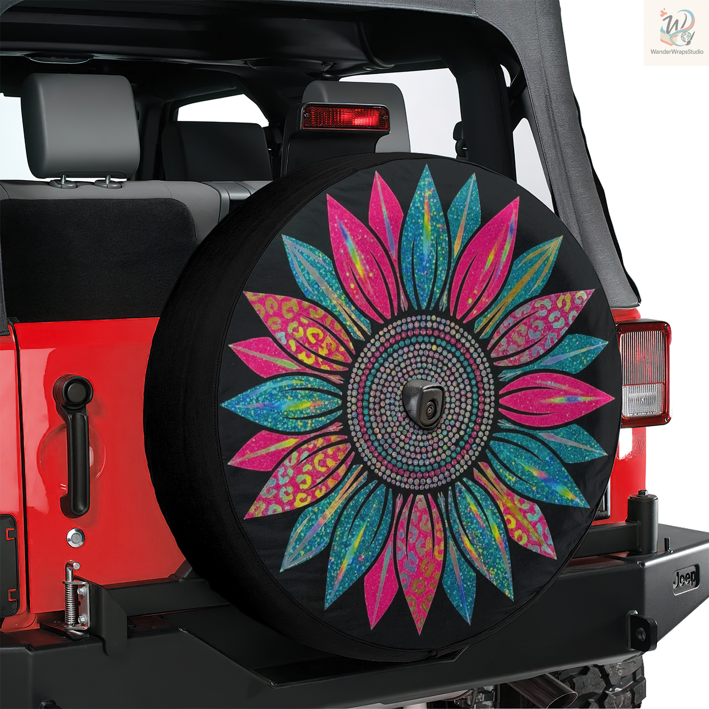 Pink Glitter Sunflower With Leopard Petals Spare Tire Cover – Waterproof UV Resistant Protector with Camera Hole