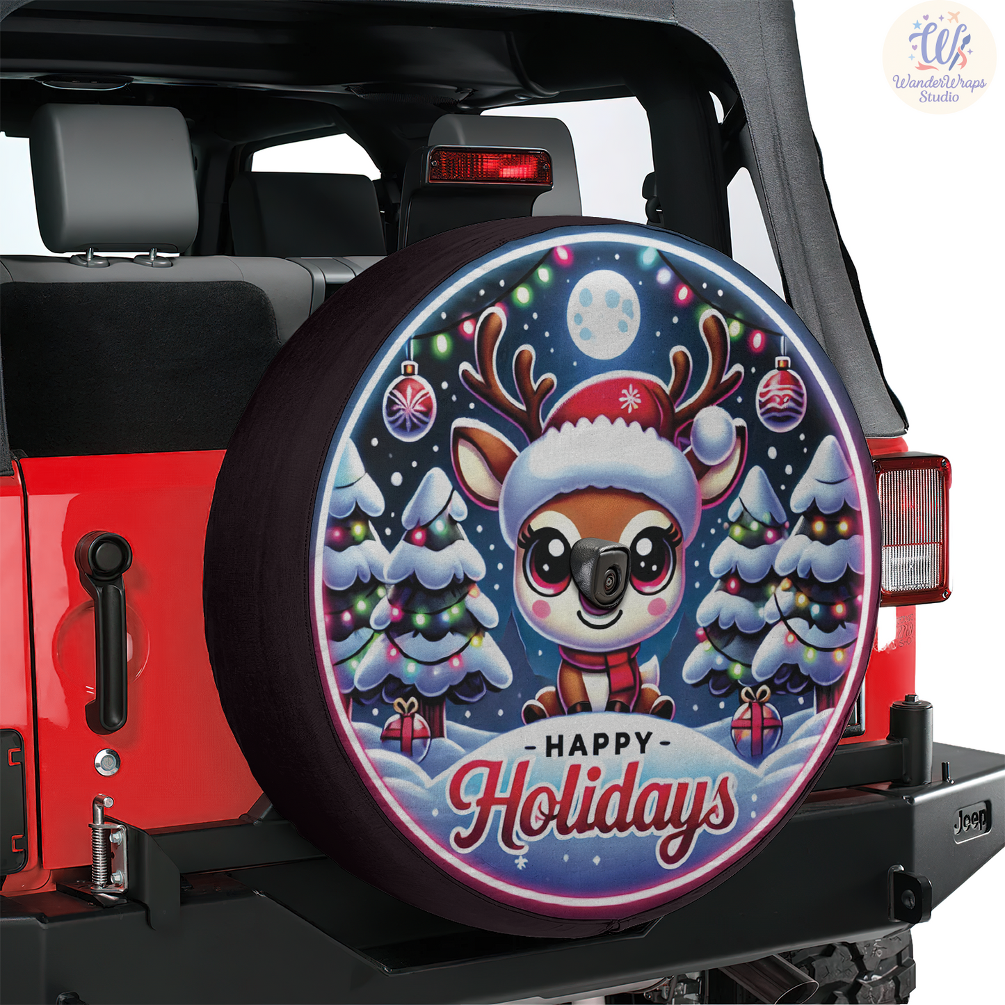 Happy Holiday Reindeer Spare Tire Cover – Waterproof UV Resistant Protector with Camera Hole