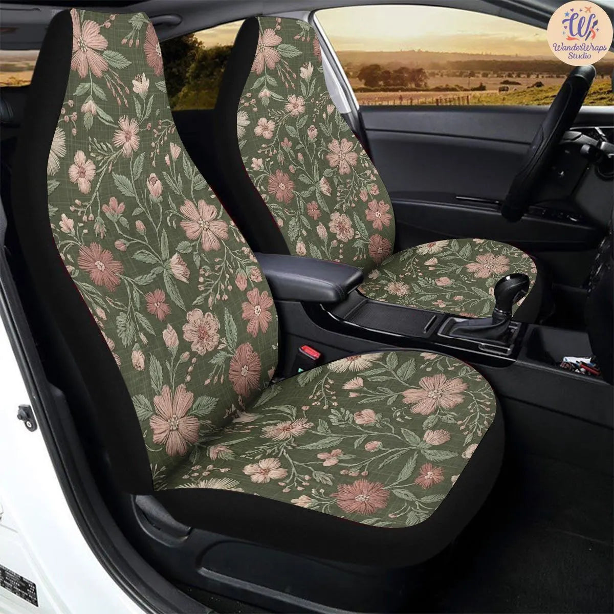 Sakura At Night Faux Embroidery Car Seat Covers – High Quality Graphic and Polar Fleece Protector Set