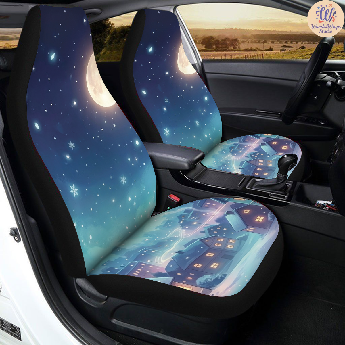 Midnight Snowfall City Car Seat Covers – High Quality Graphic and Polar Fleece Protector Set