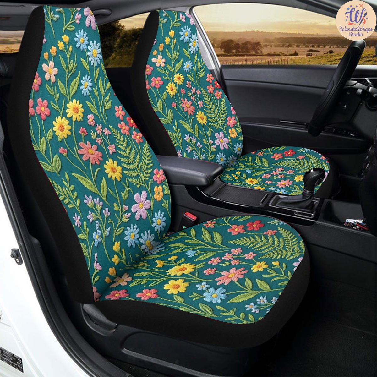 Colorful Faux Embroidered Wildflower Car Seat Covers – High Quality Graphic and Polar Fleece Protector Set