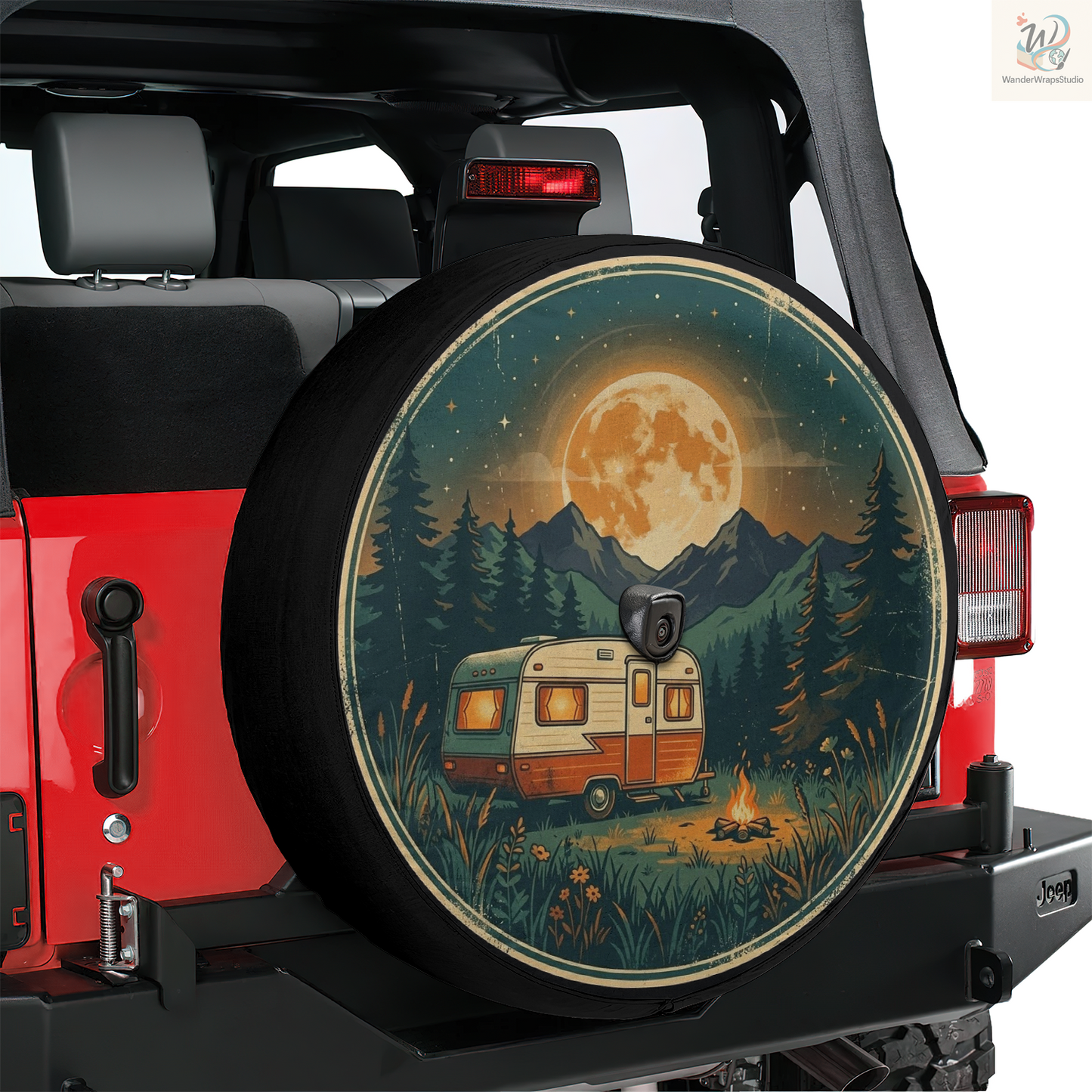 Retro Camping Night Spare Tire Cover – Waterproof UV Resistant Protector with Camera Hole
