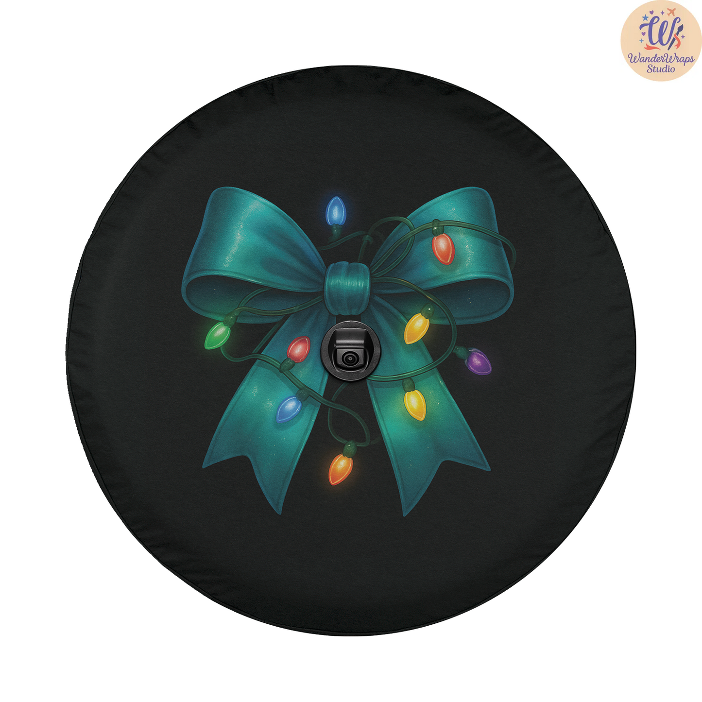 Teal Christmas Lights Bow Spare Tire Cover – Waterproof UV Resistant Protector with Camera Hole