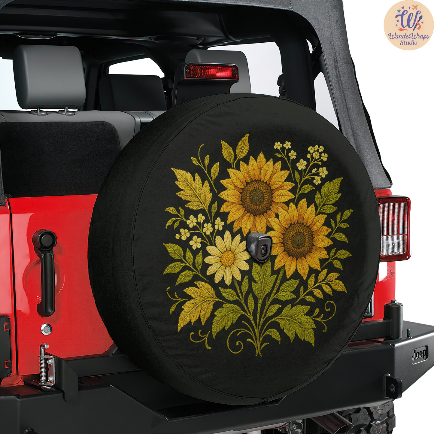 Sun Flower Faux Embriodery Spare Tire Cover – Waterproof UV Resistant Protector with Camera Hole
