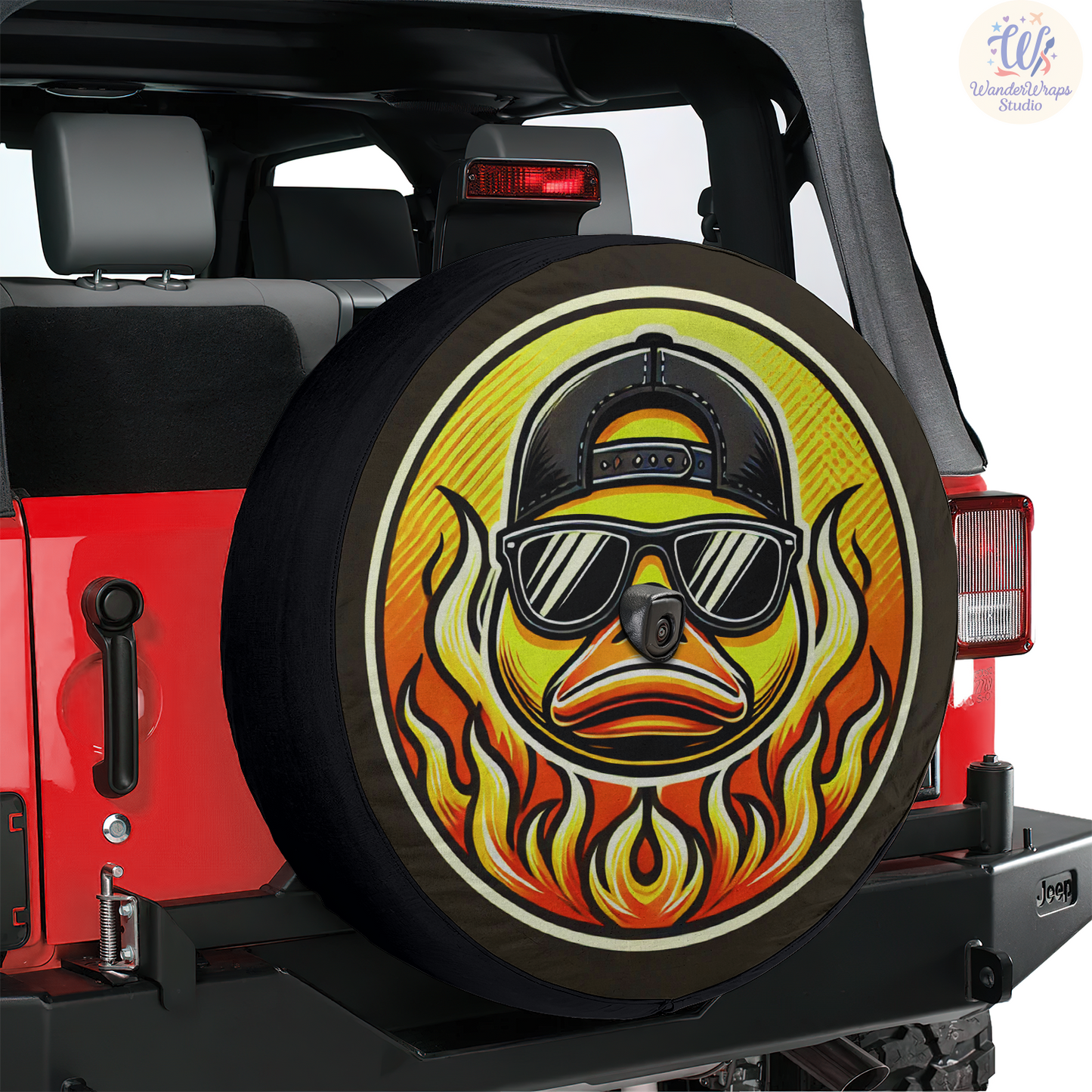 Duck with Flames Spare Tire Cover – Waterproof UV Resistant Protector with Camera Hole