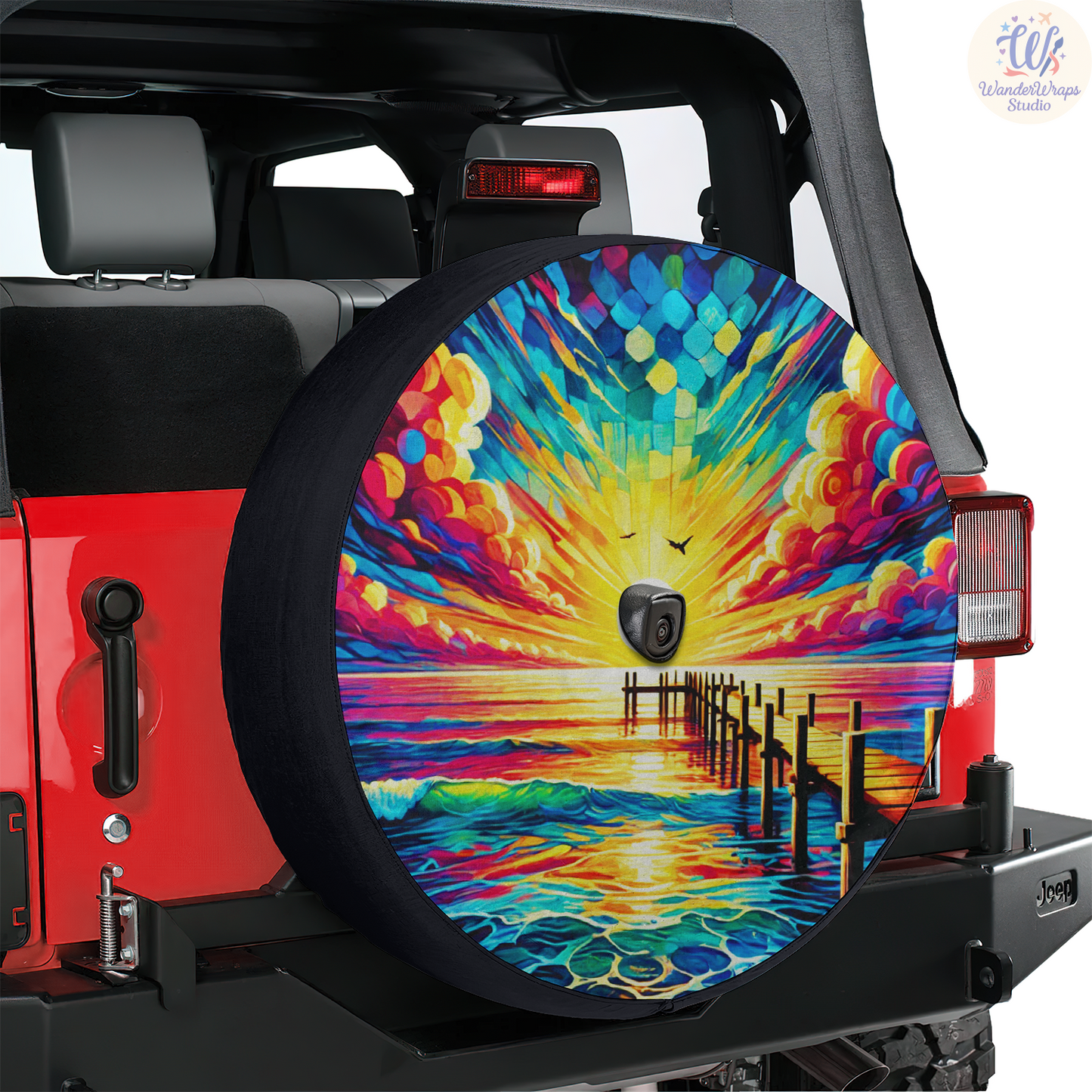 Sunset Pier Scene Spare Tire Cover – Waterproof UV Resistant Protector with Camera Hole