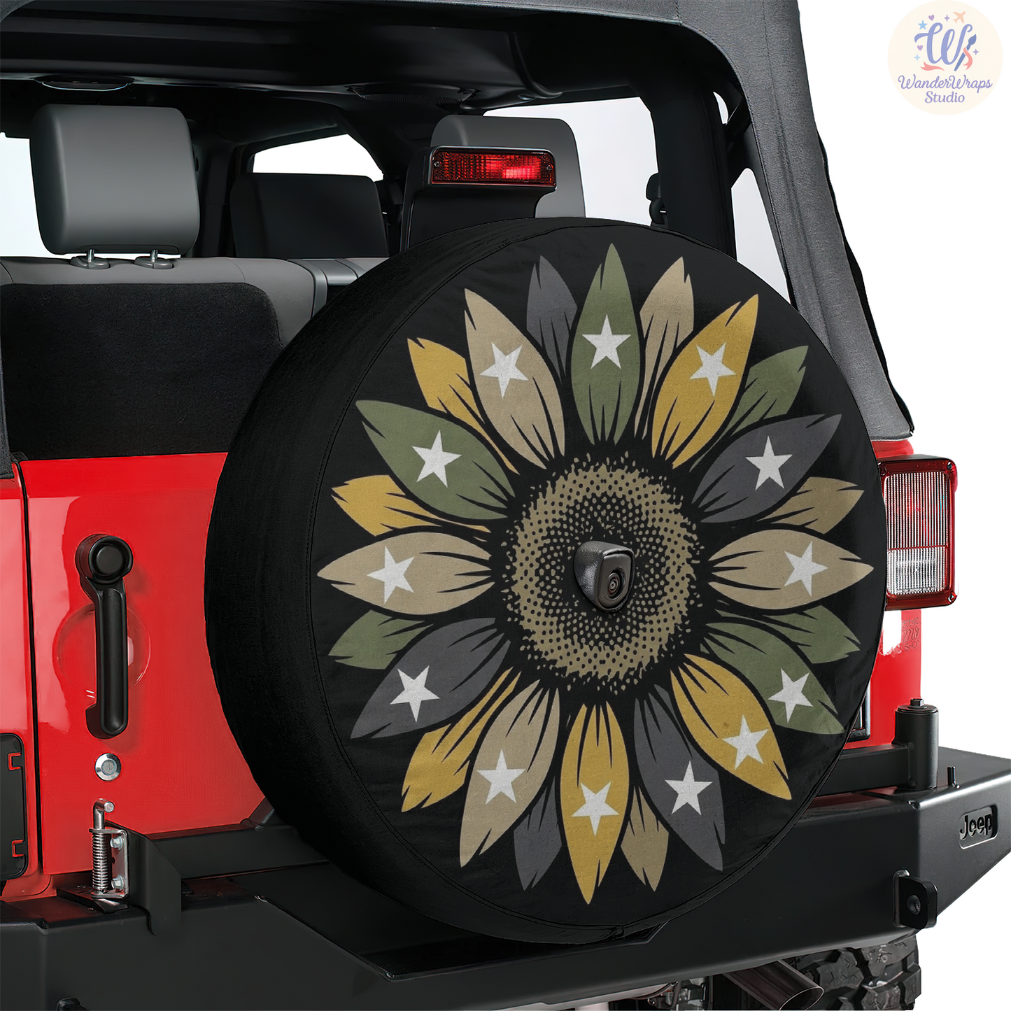 Sunflower Military Stars Spare Tire Cover – Waterproof UV Resistant Protector with Camera Hole
