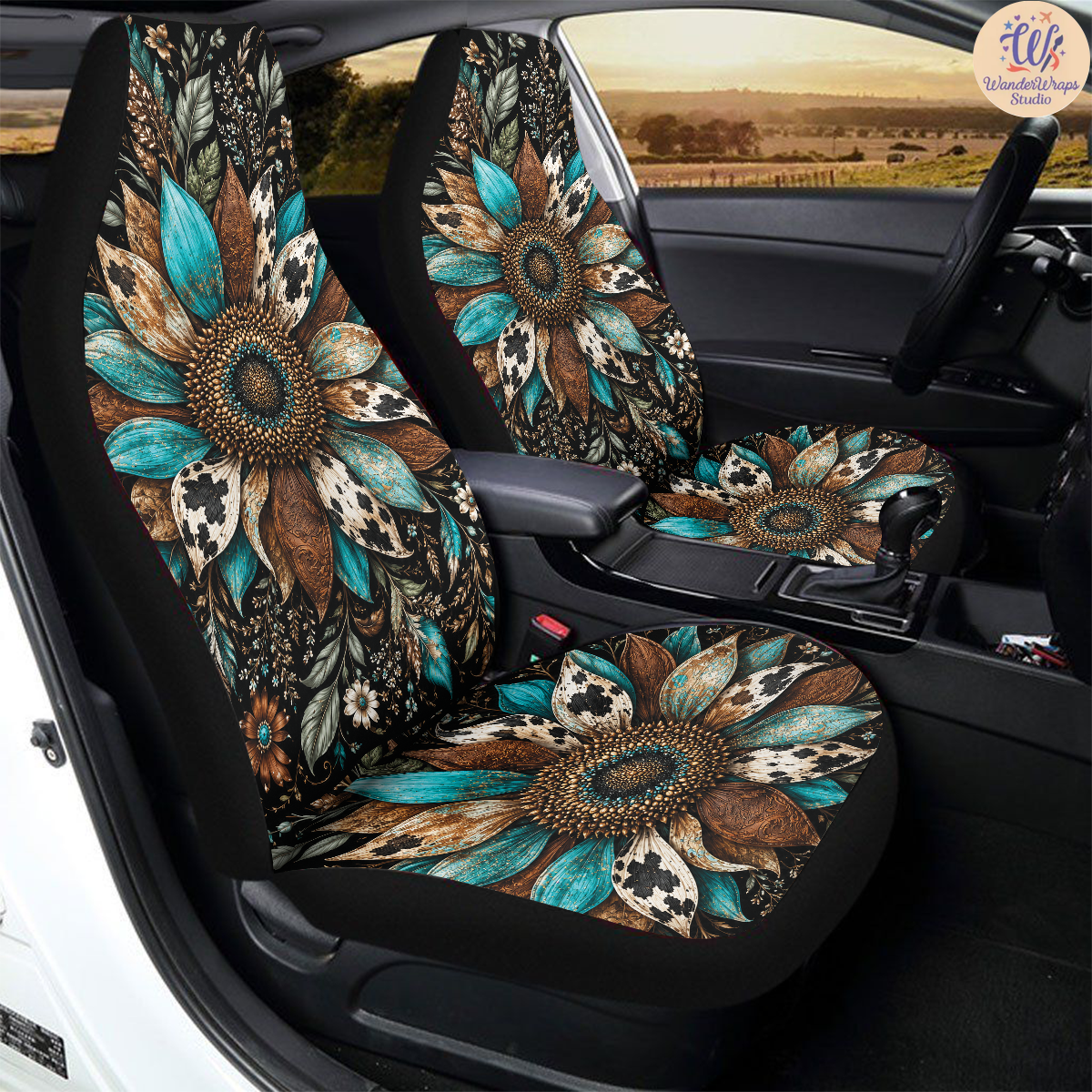 Teal Cowhide Sunflower Bloom Car Seat Covers – High Quality Graphic and Polar Fleece Protector Set