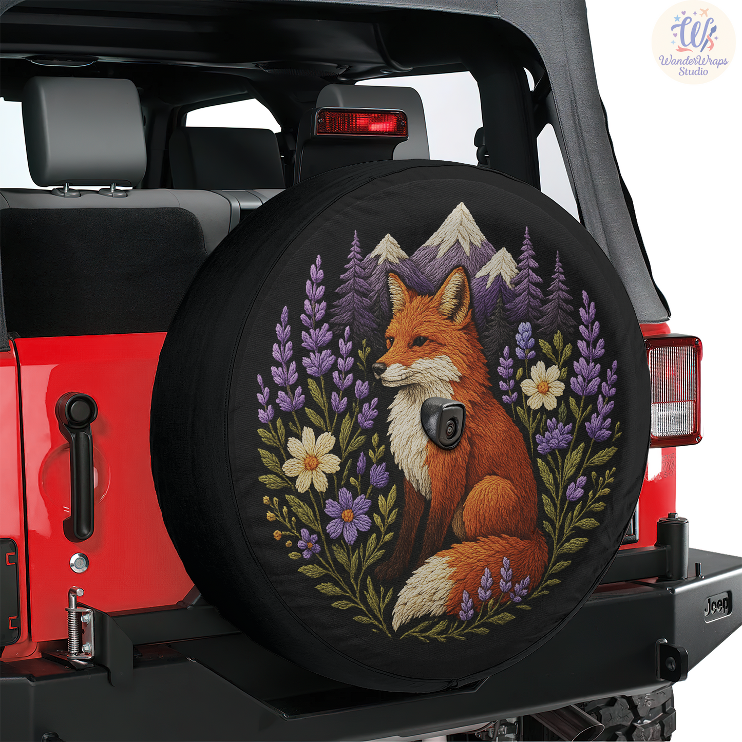 Fox Faux Embroidery Spare Tire Cover – Waterproof UV Resistant Protector with Camera Hole