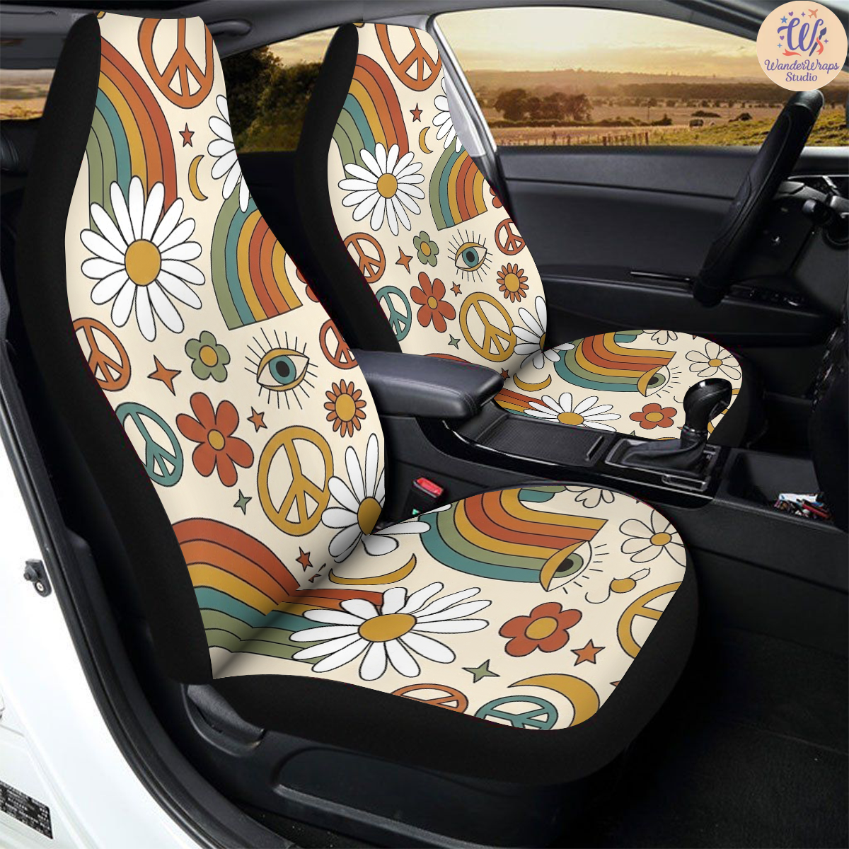 Retro Hippie Rainbow & Daisy Car Seat Covers – High Quality Graphic and Polar Fleece Protector Set