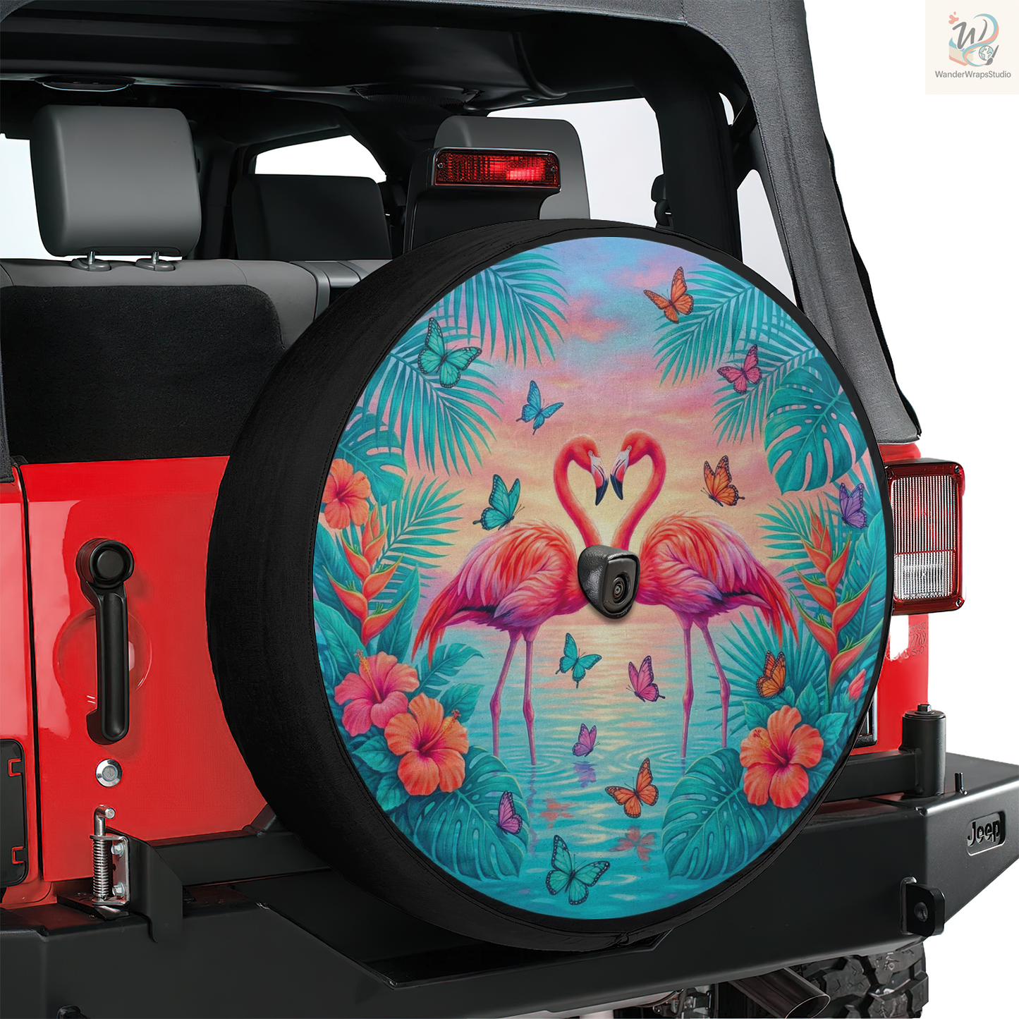 Tropical Flamingo Sunset Lagoon Spare Tire Cover – Waterproof UV Resistant Protector with Camera Hole