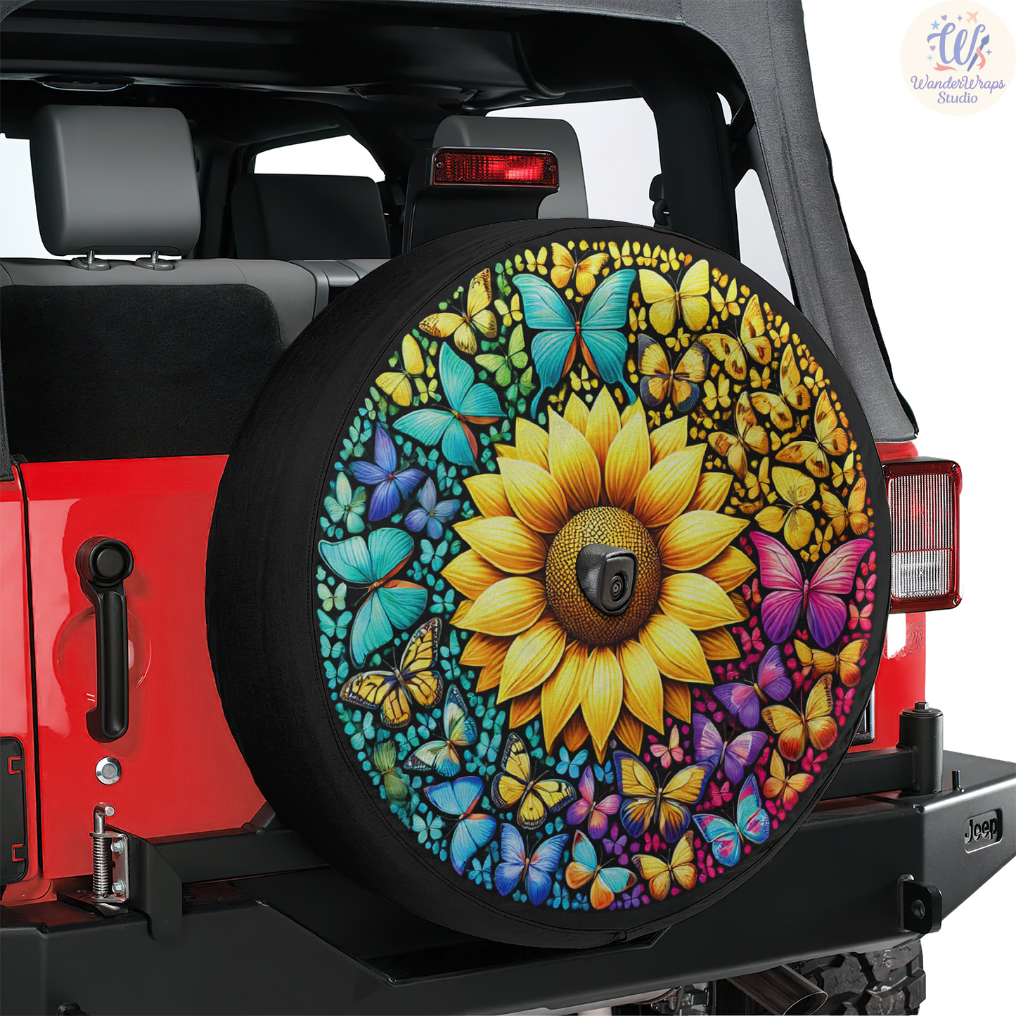 Colorful Butterfiles Sunflower Spare Tire Cover – Waterproof UV Resistant Protector with Camera Hole