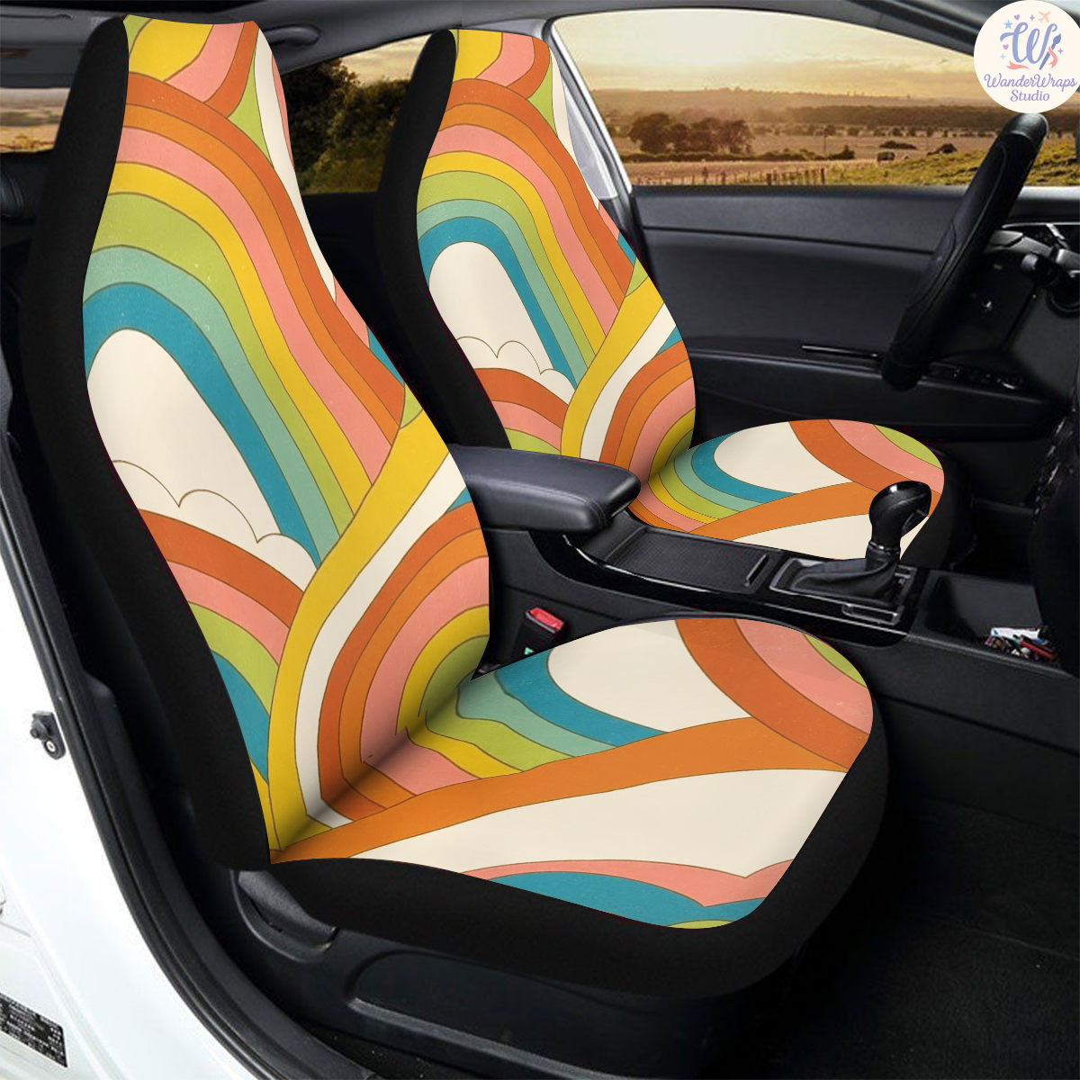 Groovy Horizon ’70 Car Seat Covers – High Quality Graphic and Polar Fleece Protector Set