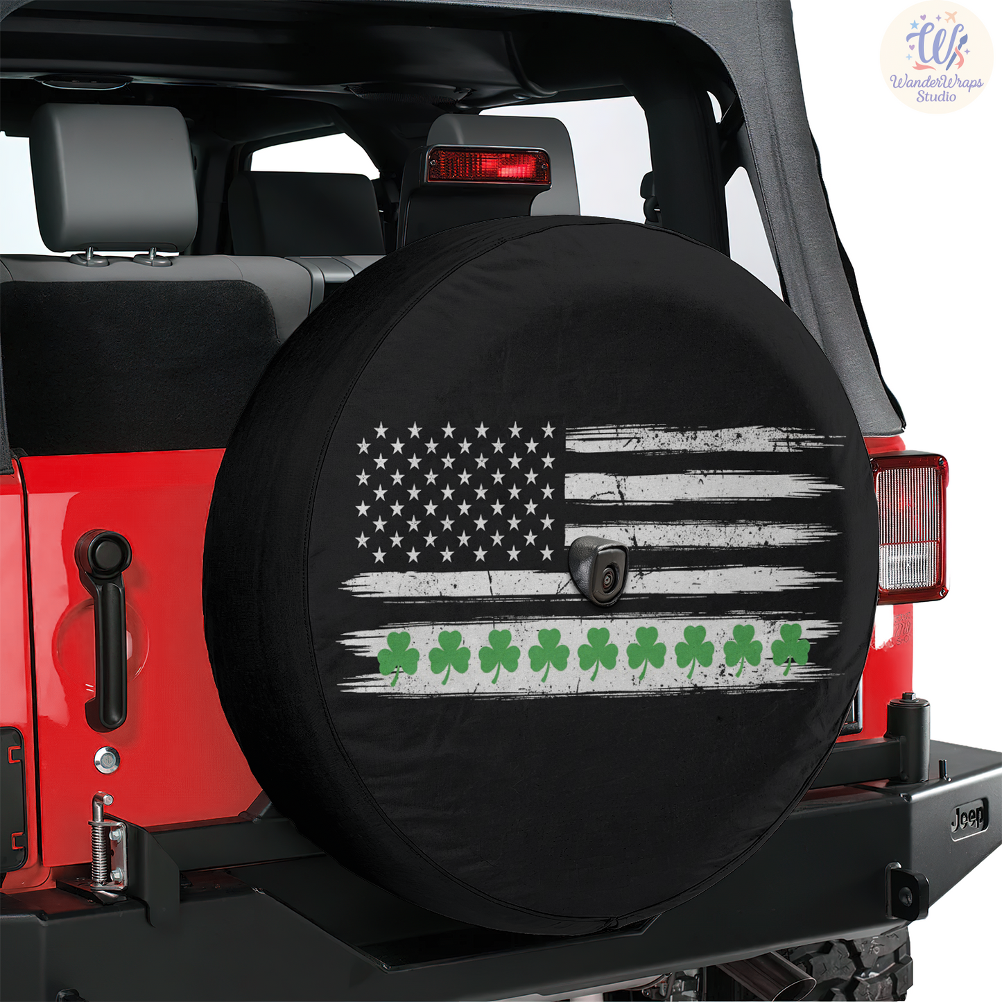 American Flag Clovers Spare Tire Cover – Waterproof UV Resistant Protector with Camera Hole
