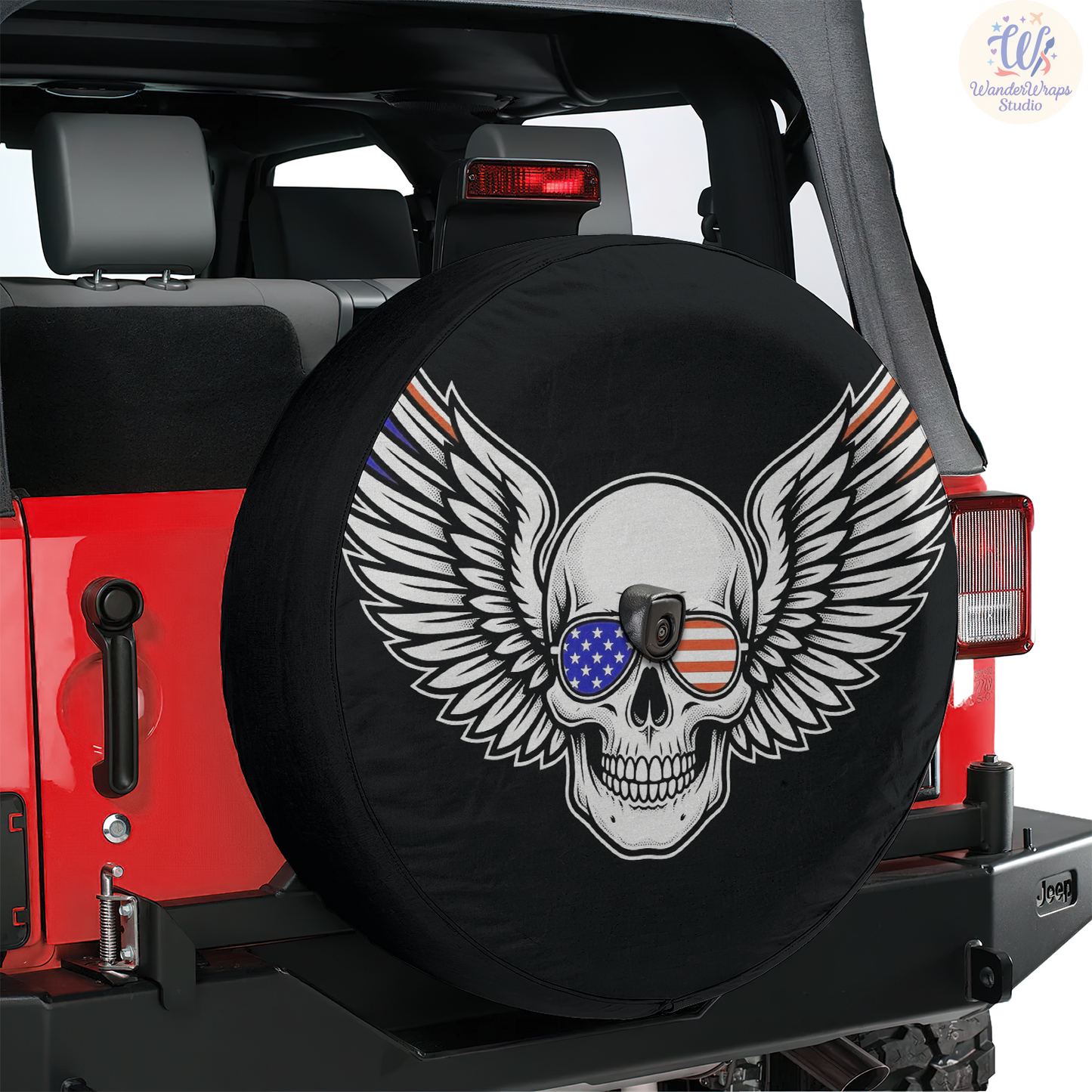 Patriotic Skull With Eagle Wings Spare Tire Cover – Waterproof UV Resistant Protector with Camera Hole