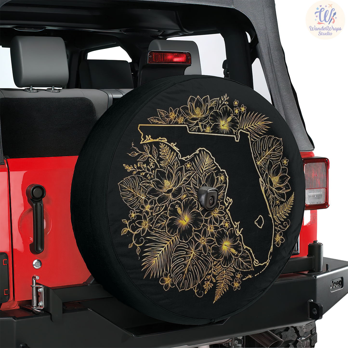 Dense Gold Floral Florida Spare Tire Cover – Waterproof UV Resistant Protector with Camera Hole