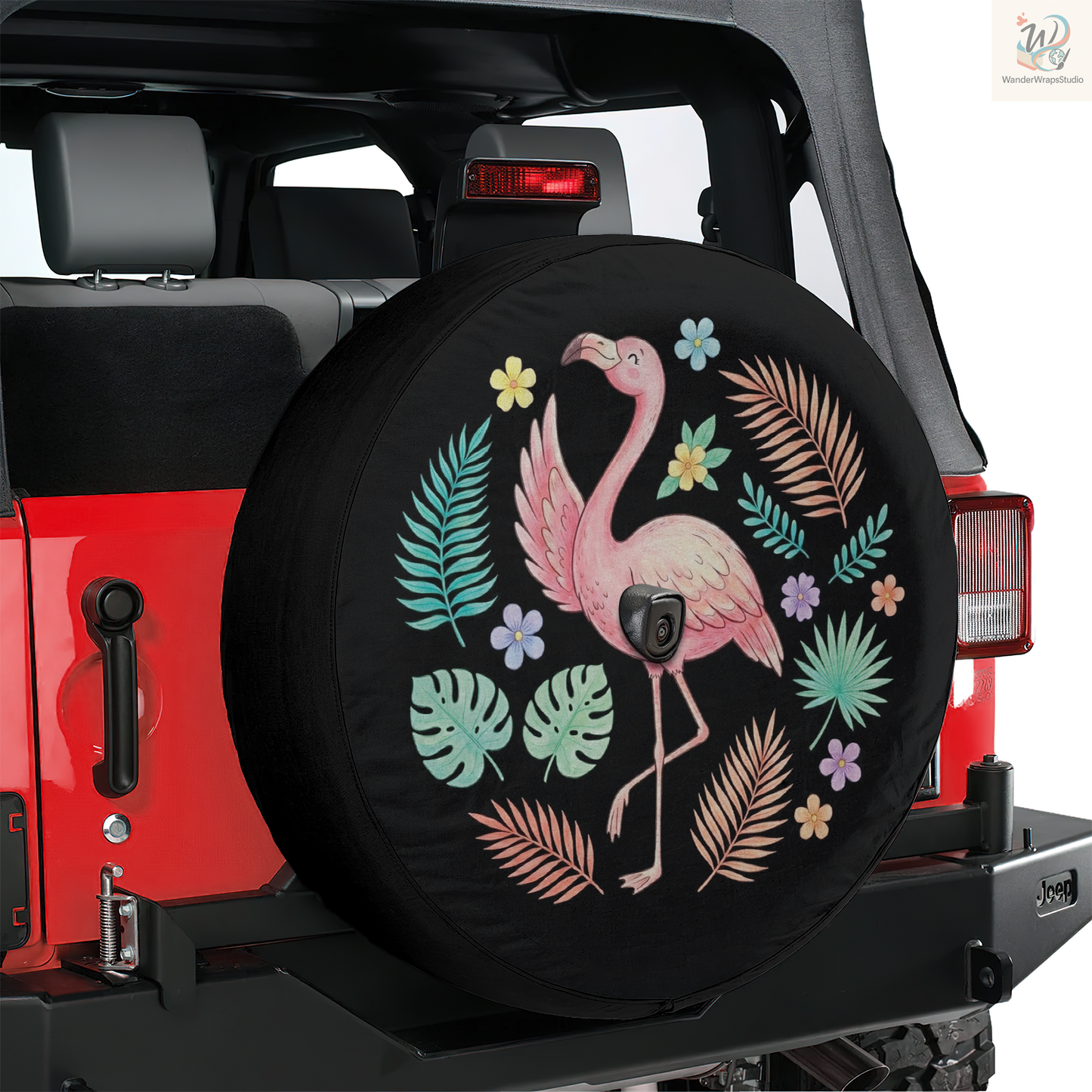 Pink Tropical Flamingo Spare Tire Cover – Waterproof UV Resistant Protector with Camera Hole