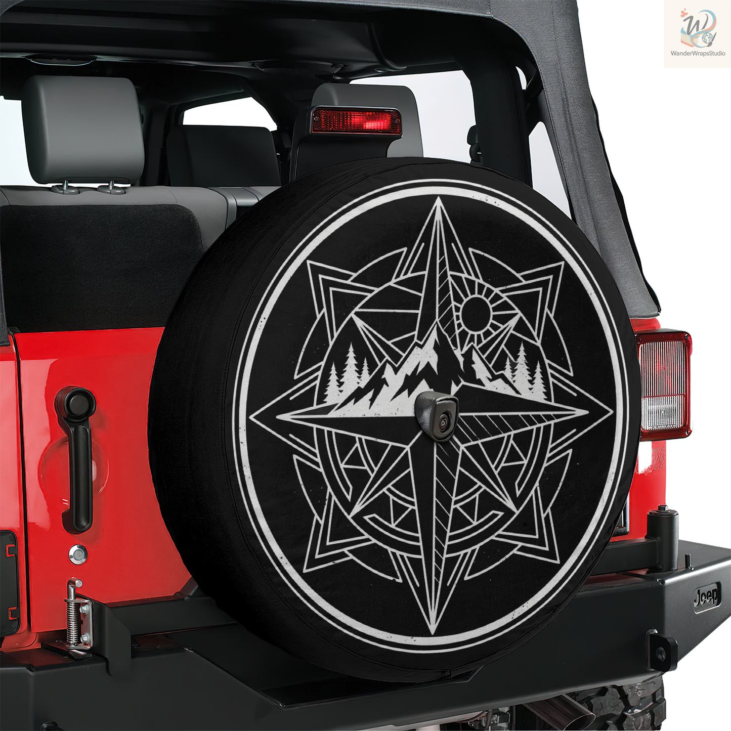 Geometric Compass Mountain Spare Tire Cover – Waterproof UV Resistant Protector with Camera Hole