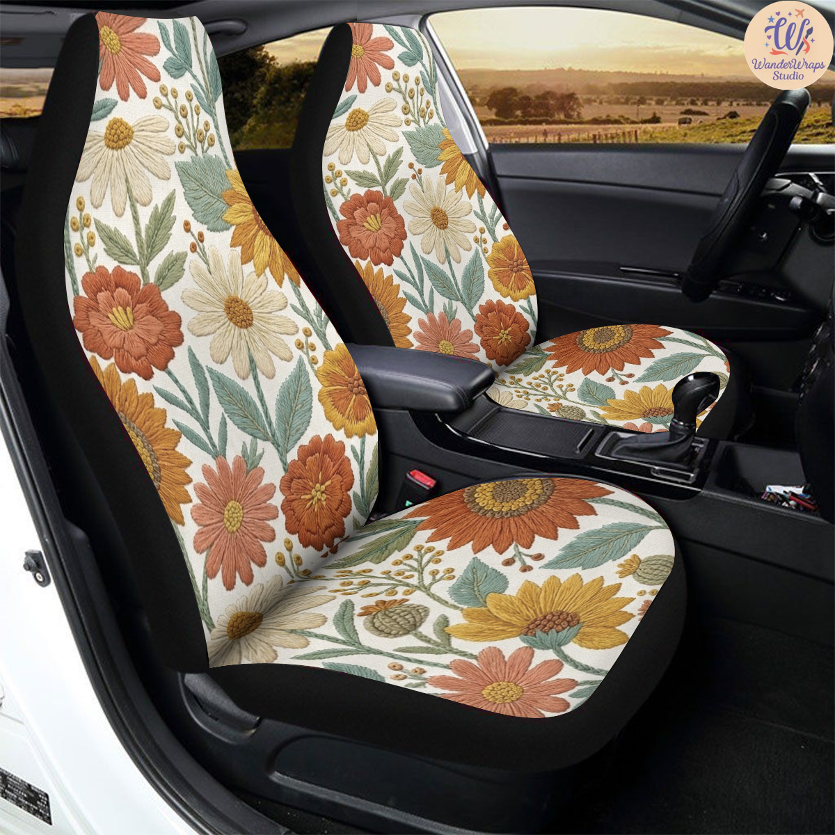 Sunflower Folk Meadow Faux Embroidery Car Seat Covers – High Quality Graphic and Polar Fleece Protector Set