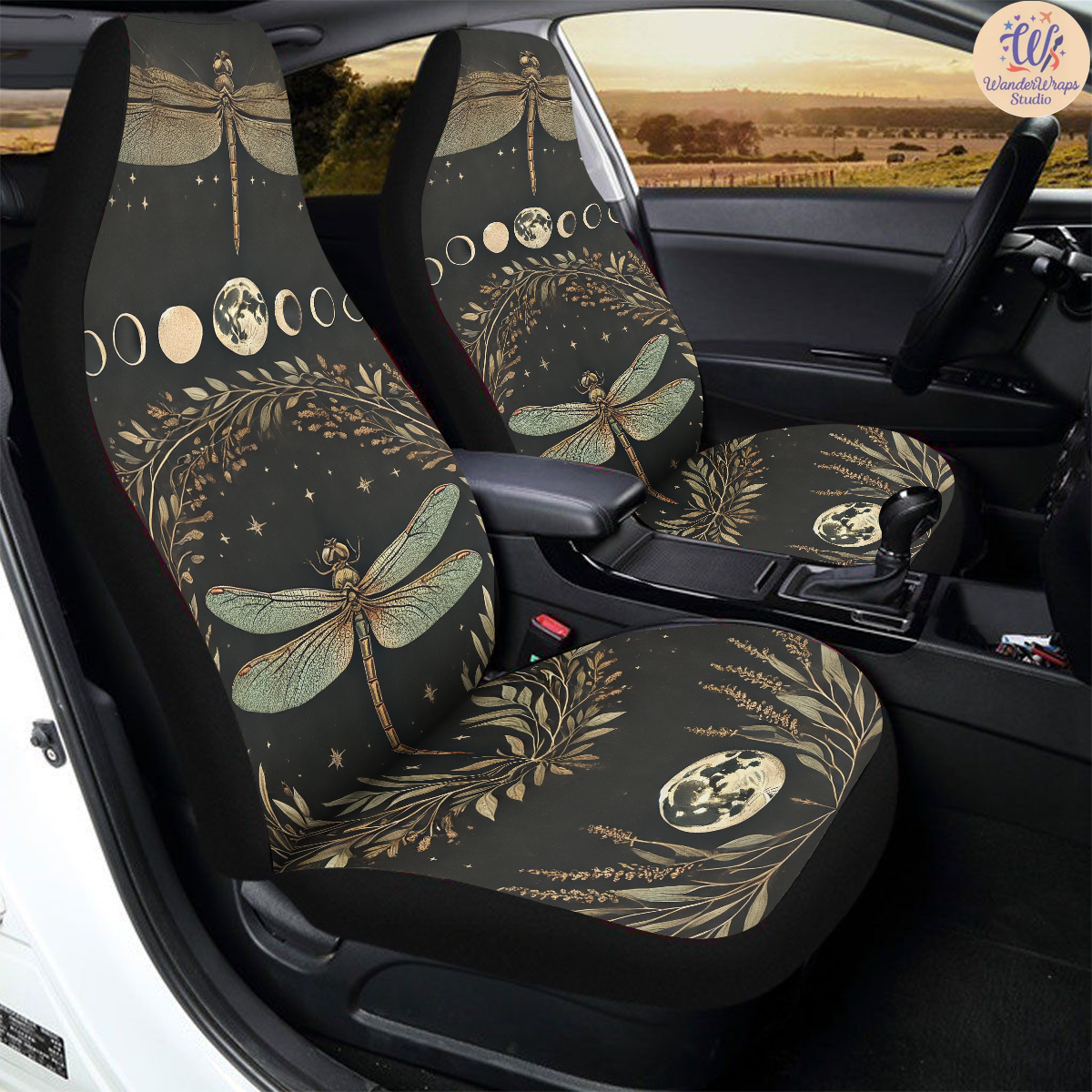 Celestial Dragonfly Emblem Artwork Car Seat Covers – High Quality Graphic and Polar Fleece Protector Set