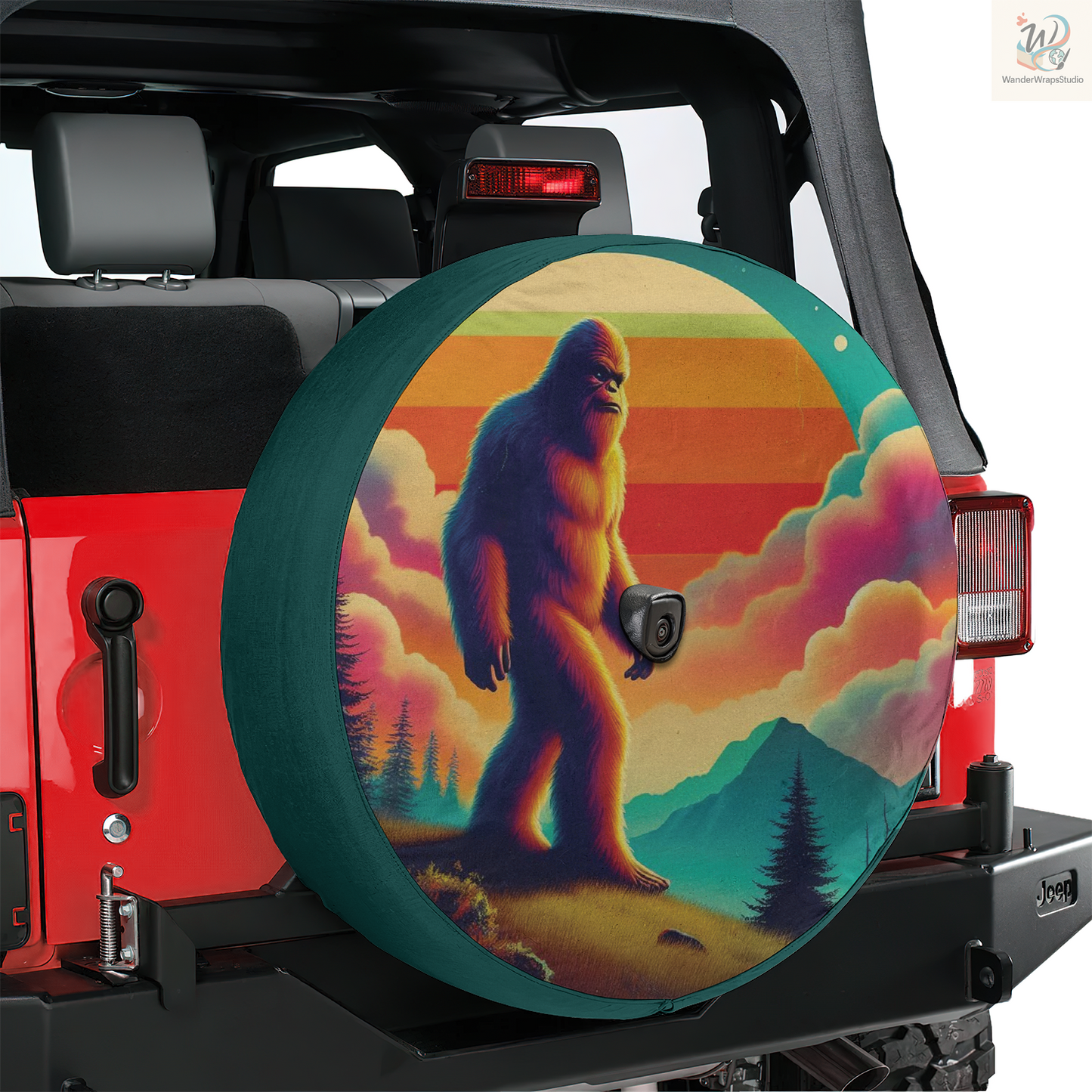 Big Foot Sunset Spare Tire Cover – Waterproof UV Resistant Protector with Camera Hole