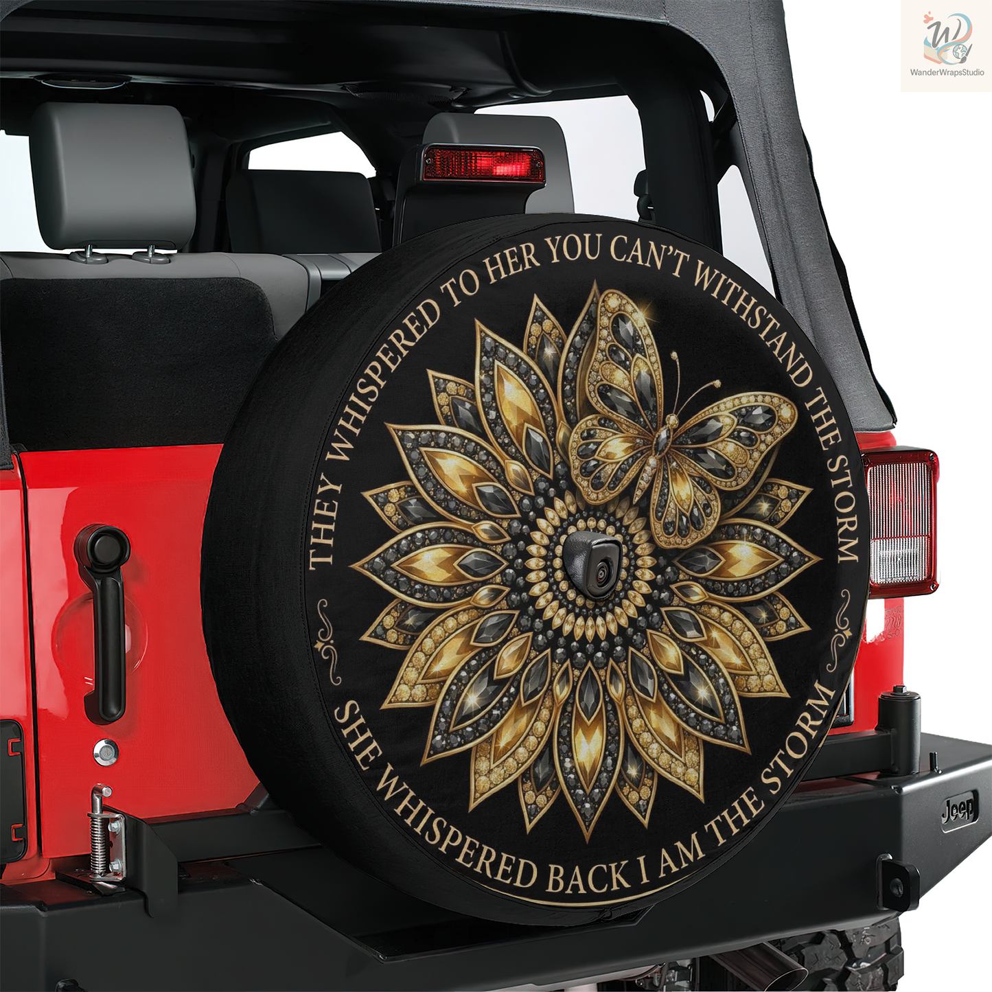 Black & Gold Rhinestone Mandala Spare Tire Cover – Waterproof UV Resistant Protector with Camera Hole
