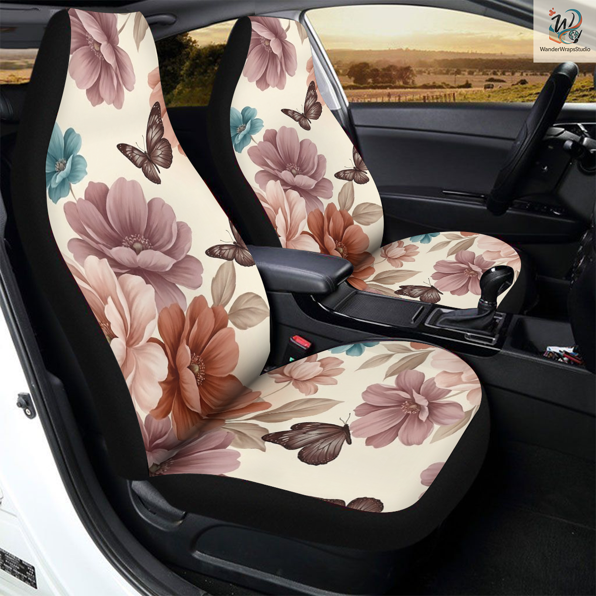 Vintage Blush Botanical Butterfly Pattern Car Seat Covers – High Quality Graphic and Polar Fleece Protector Set