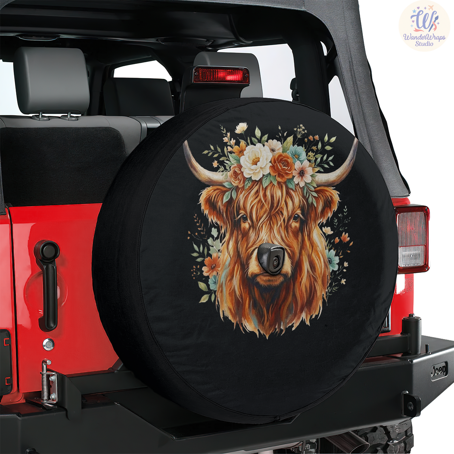 Floral Highland Cow With Glitter Spare Tire Cover – Waterproof UV Resistant Protector with Camera Hole