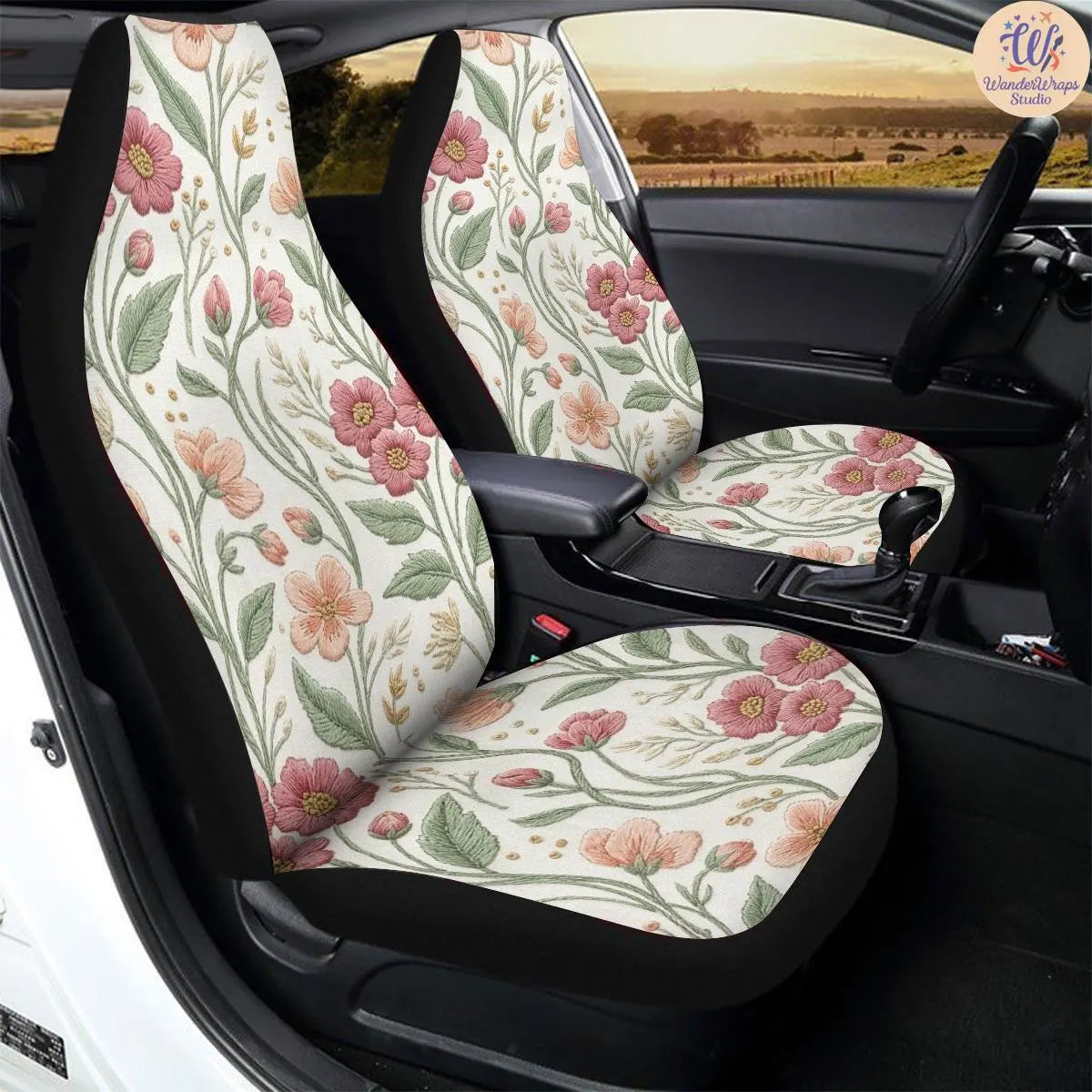 Meadow Wildflowers Faux Embroidered Car Seat Covers – High Quality Graphic and Polar Fleece Protector Set